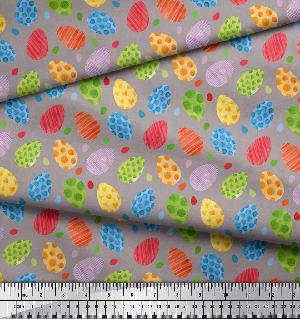 Soimoi Rayon Crepe Grey Fabric by The Yard - 46 Inch Wide Easter Egg Pattern Textile for DIY Crafts, Dressmaking & Home Decor - Soft Printed Fabric for Easter Celebrations, Spring Sewing Projects & Party Decorations