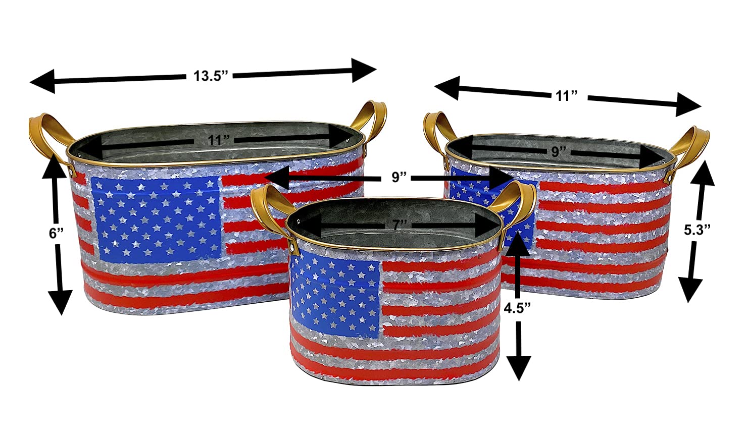 Distressed Metal Buckets with American Flag USA Design - Rustic Kitchen, Pantry, Bathroom & Garden Planter Organizer - Perfect for Home Decor, Storage & Outdoor Planting