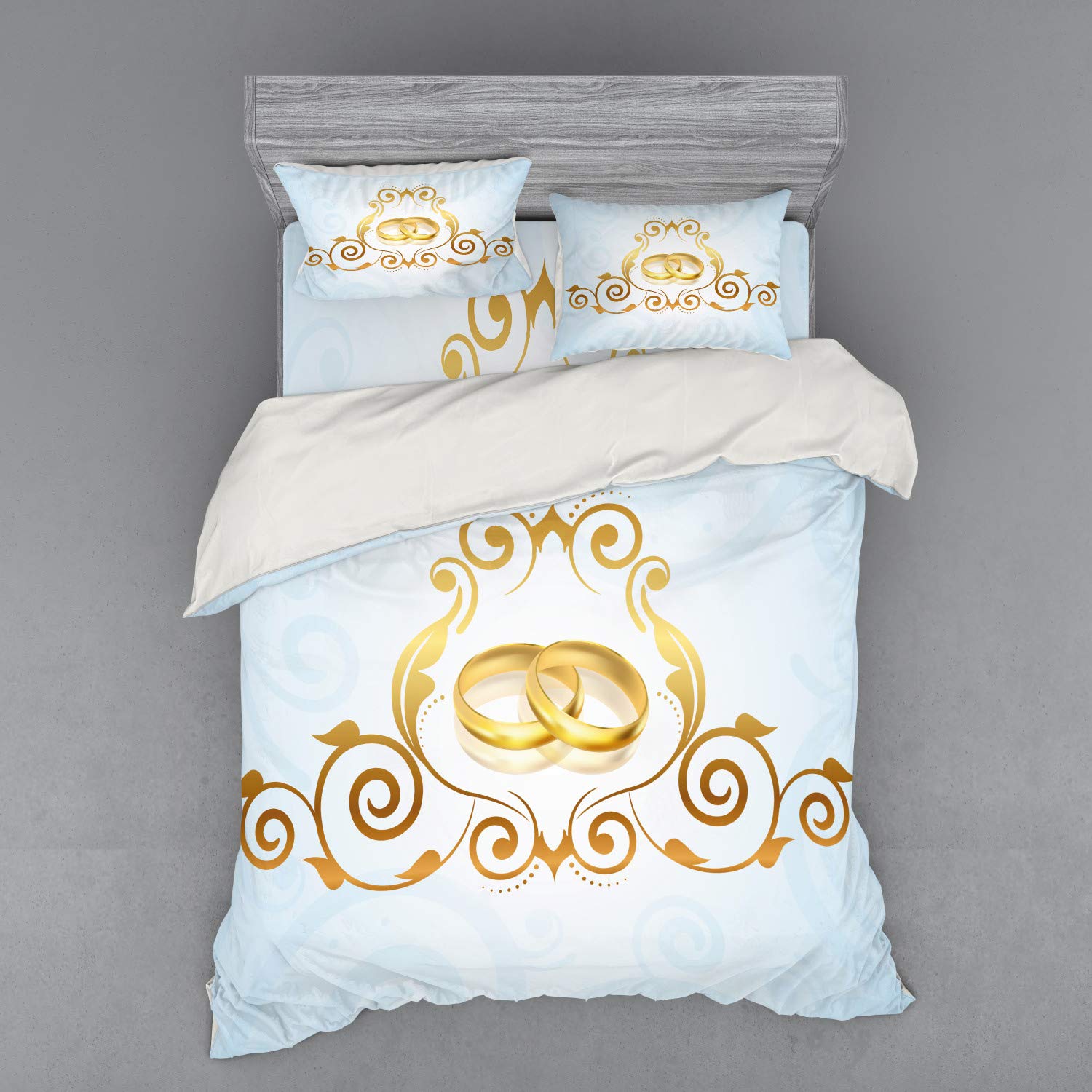 Ambesonne Vintage Victorian Wedding Duvet Cover Set - 3 Piece Queen Size Bedding with Sham & Fitted Sheet in Pale Blue & Caramel Yellow - Perfect for Anniversary Gifts, Bridal Showers & Romantic Bedroom Decor