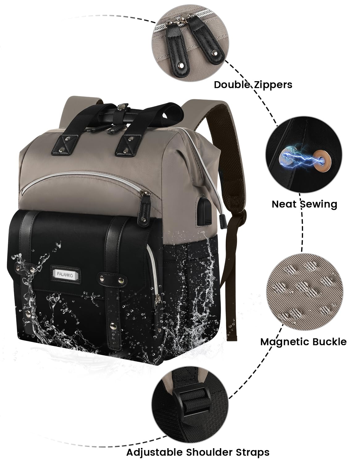 FALANKO Women's Laptop Backpack - Stylish Anti-Theft USB Charging Backpack for Work, Travel & College - Fits 15.6 Inch Laptop with RFID Protection (Grey/Black) | Perfect for Nurses, Teachers & Business Professionals