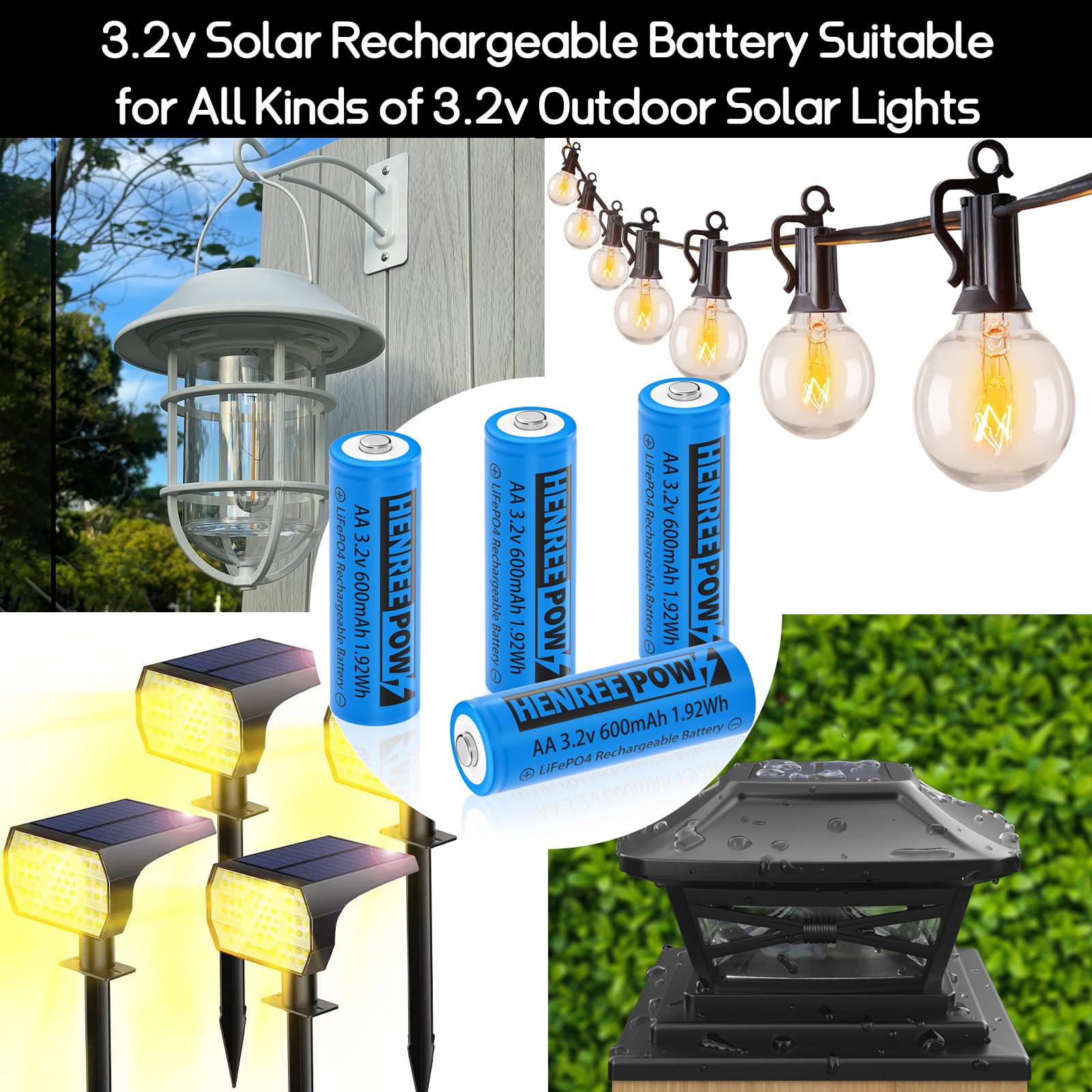 Henreepow 3.2V AA 600mAh LiFePO4 Rechargeable Batteries (2-Pack) - Long Lasting Double A Lithium Iron Phosphate Batteries for Solar Lights, Wall Lanterns & Outdoor Lighting - Perfect for Garden, Pathway & Security Lights
