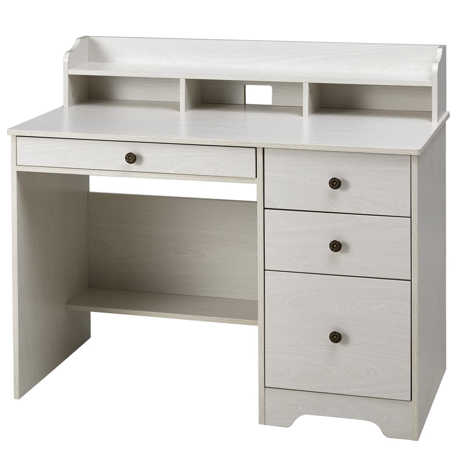 Vintage Industrial Computer Desk with 4 Storage Drawers & Hutch Shelf - Solid Wood Home Office Desk with Wide Tabletop - Executive Writing Study PC Desk in Oak White - Perfect for Small Spaces & Remote Work