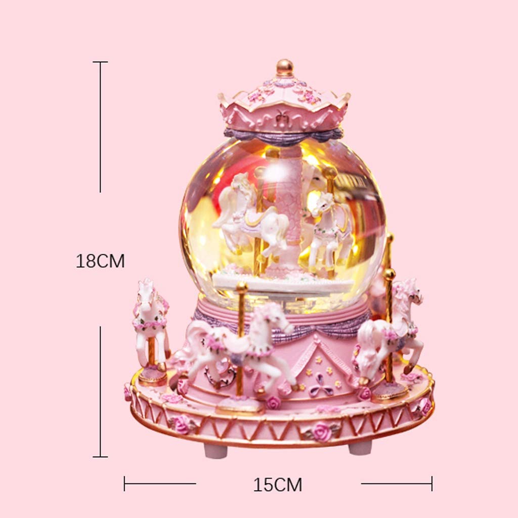 Rotating Carousel Music Box with 5 Horses, Wind-Up Mechanism & LED Lights - Plays 