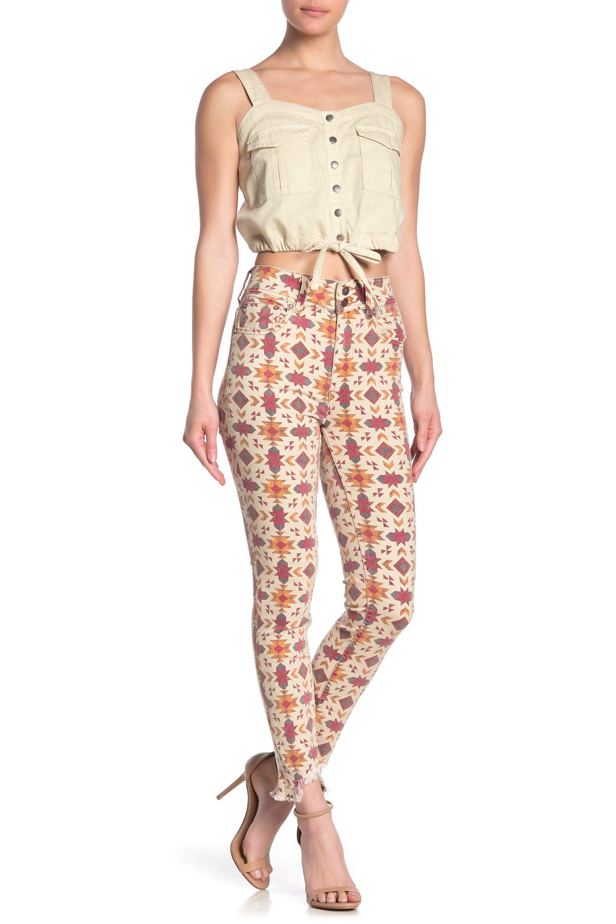 Free People Wild Child Skinny Printed Jeans - Women's High Waist Stretch Denim Pants Size 28 | Trendy Floral Design for Casual Wear & Night Out