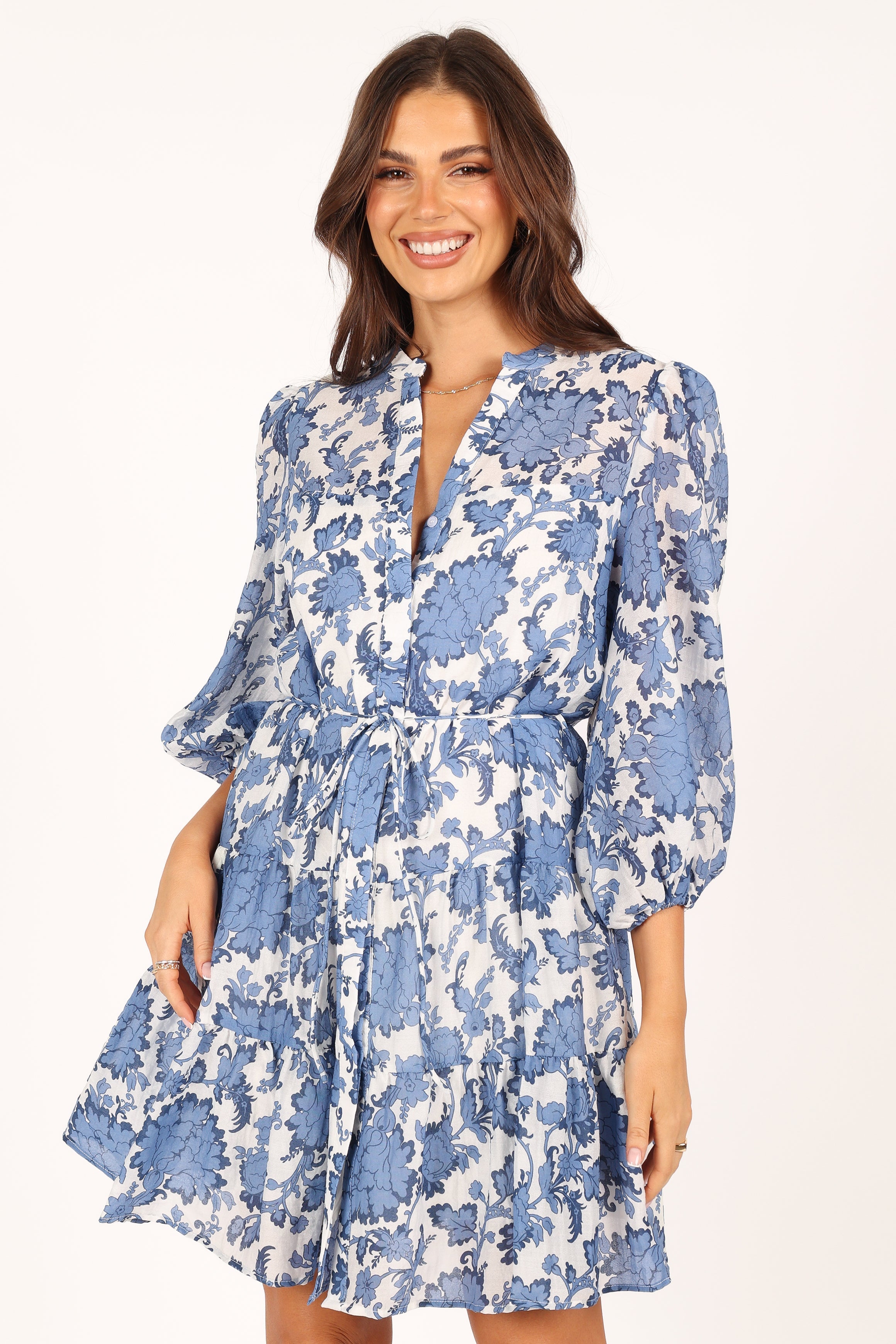 Dierdre Long Sleeve Mini Dress - Blue Floral Print Women's Party Dress for Cocktail, Wedding & Date Night