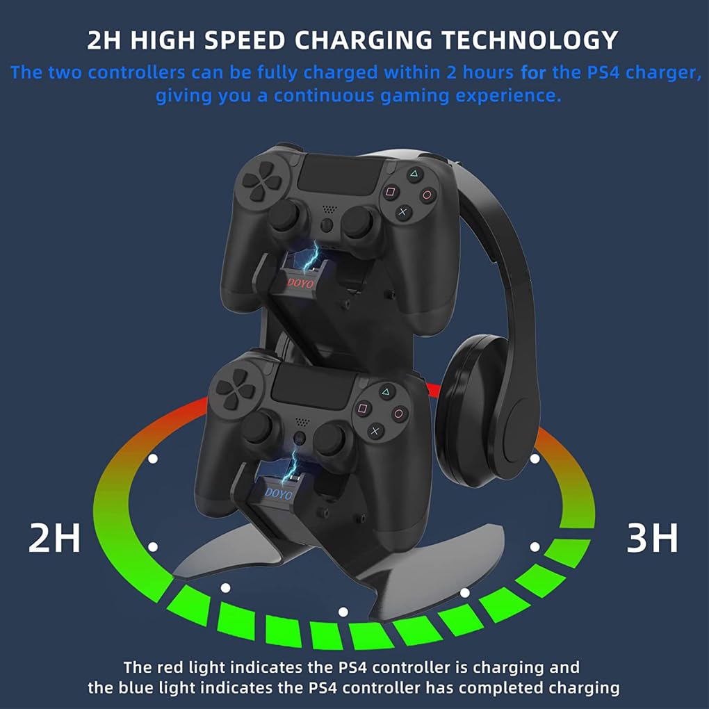 PS4 Controller Charger Stand with Fast USB Charging Dock & LED Indicators - Compatible with PlayStation 4, PS4 Slim, PS4 Pro Controllers - Perfect for Gaming Setups and Multiplayer Sessions