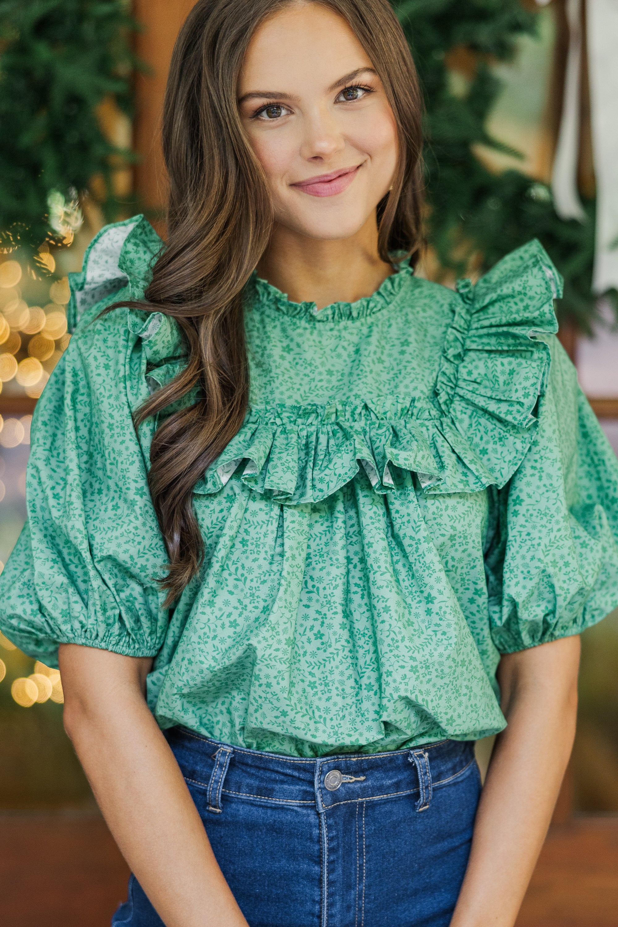 Stylish Green Ditsy Floral Blouse for Women - Trendy Floral Print Top for Casual Wear, Date Night & Office Outfits