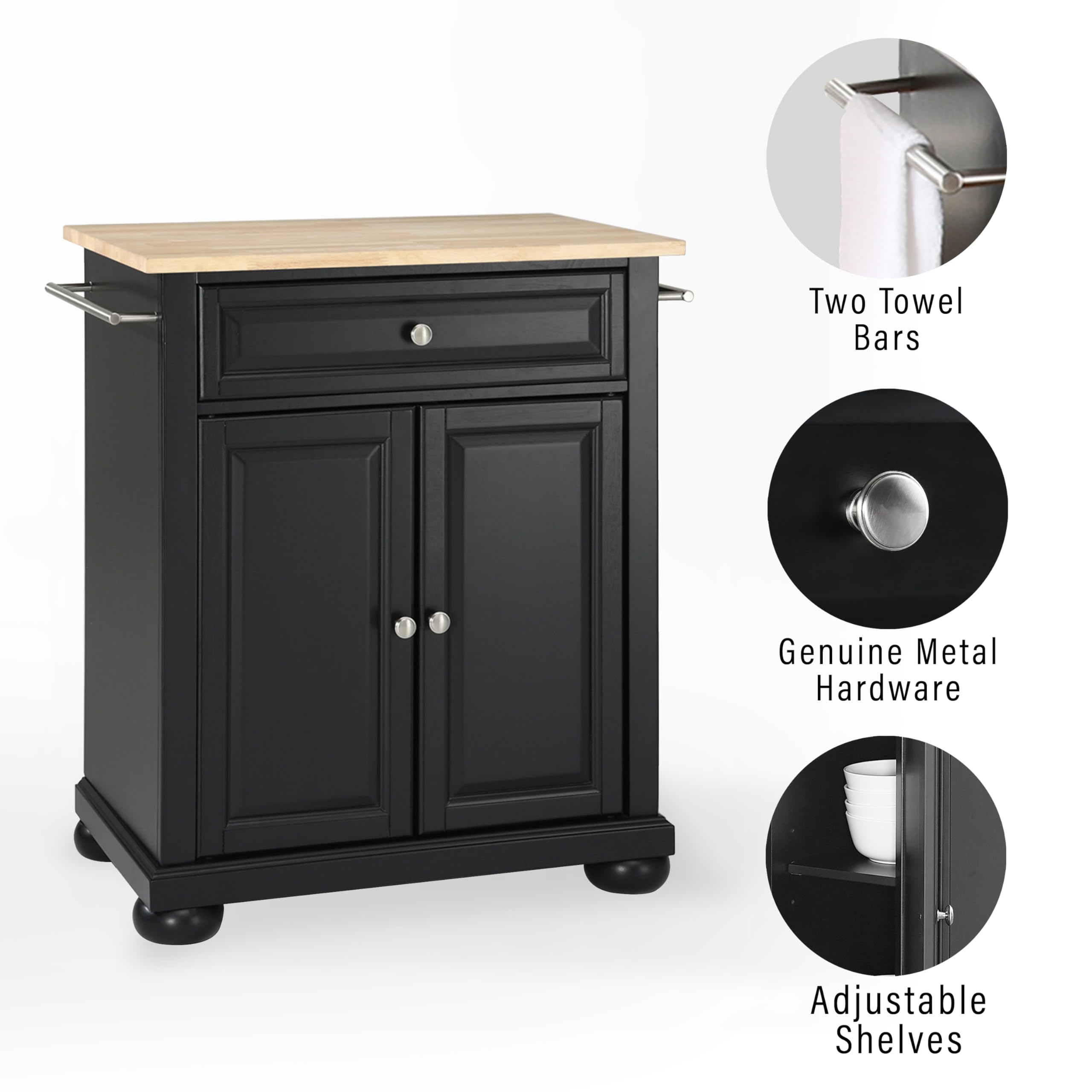 Crosley Alexandria Wood Top Portable Kitchen Island Cart with Wheels - Microwave Stand, Storage Cabinet for Small Spaces, Black - Perfect for Apartments, Dorms & Compact Kitchens