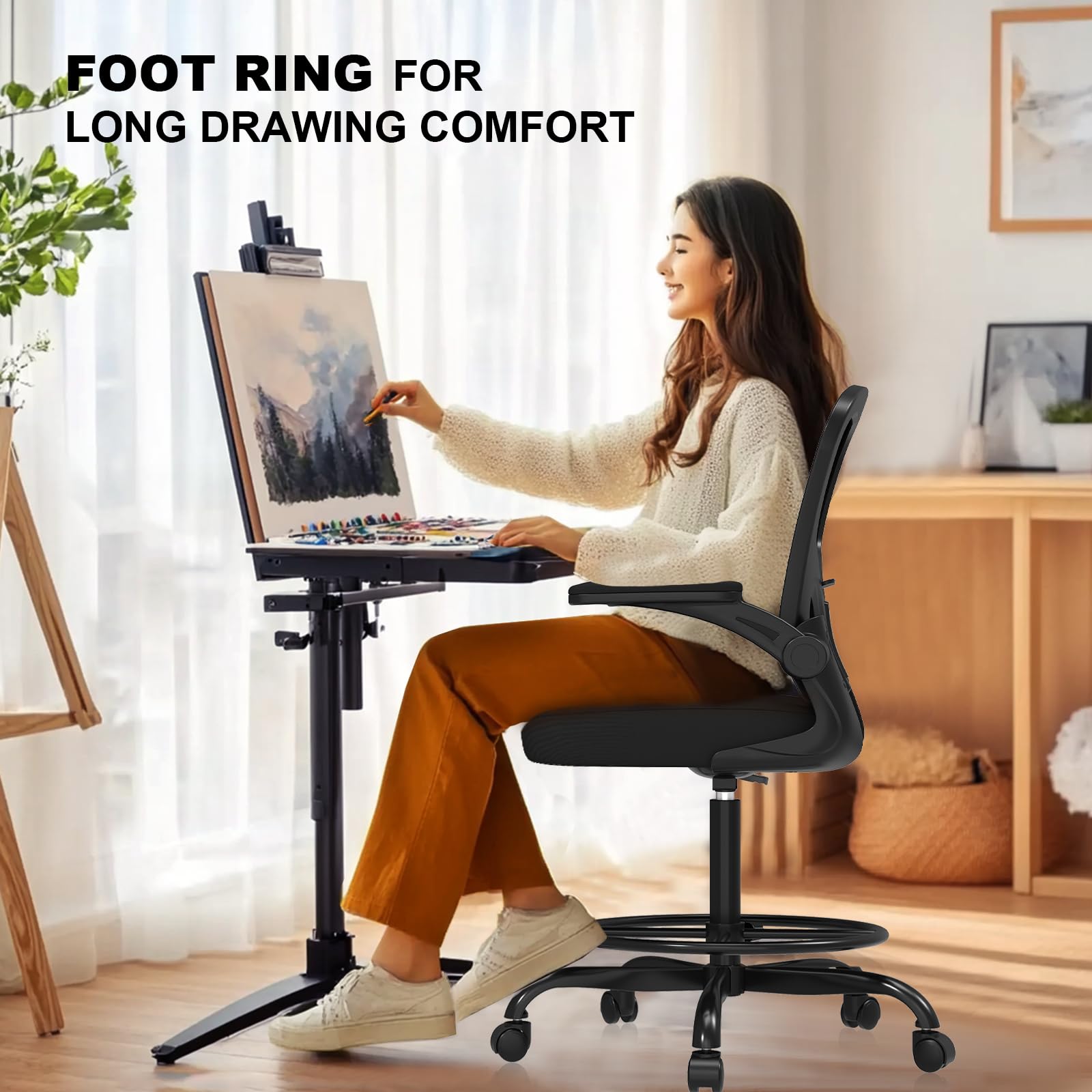 Synorla Ergonomic Drafting Chair - Adjustable Height Office Chair with Flip-Up Armrests, Breathable Mesh Back & Lumbar Support, Footrest Ring for Standing Desks - Perfect for Home Office, Studio & Architectural Workstations