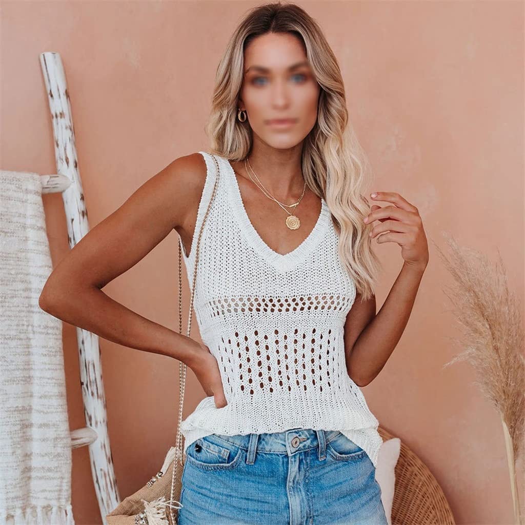 WALNUTA Women's Sexy Knitted Tank Top - Sleeveless Loose Hollow Out Camisole (White, XL) | Perfect for Summer, Beach, Lounge & Layering