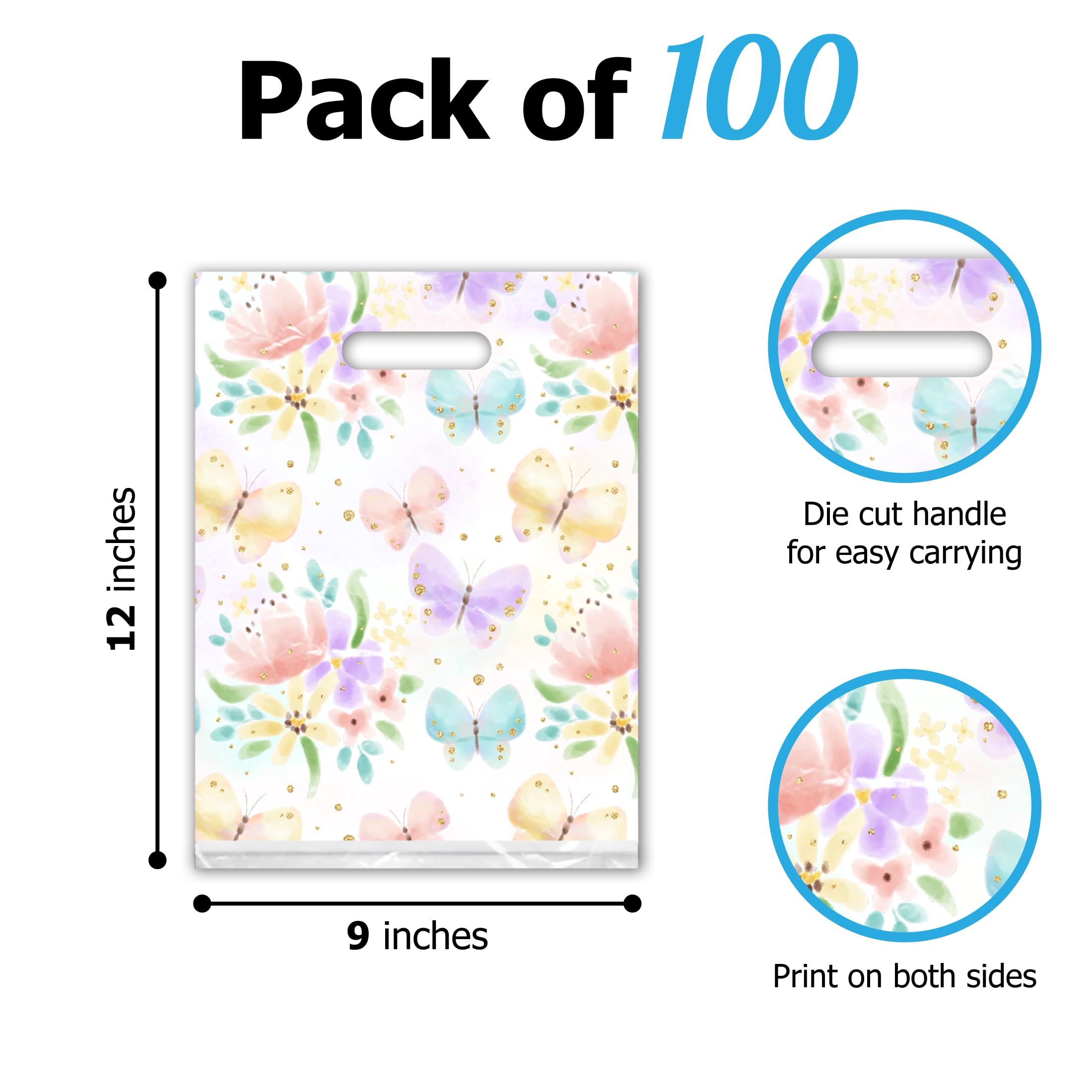 9x12 Inch 100-Pack Floral Butterfly Printed Boutique Shopping Bags with Die-Cut Handles - Premium Retail Merchandise Bags for Small Business Owners | Perfect for Gift Wrapping, Wedding Favors & Boutique Packaging