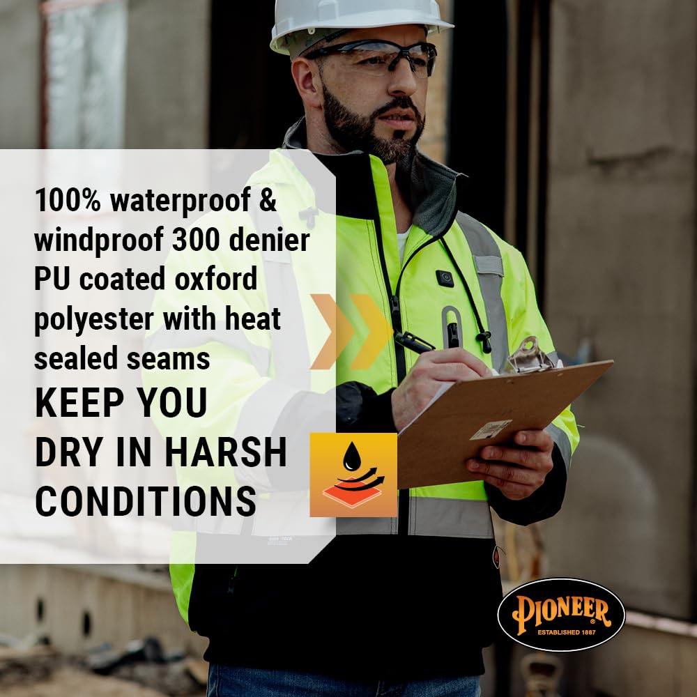 Pioneer Class 3 Hi-Vis Waterproof Heated Safety Jacket for Men - Winter Reflective Bomber Jacket with Detachable Hood - Ideal for Construction, Road Work & Outdoor Winter Activities