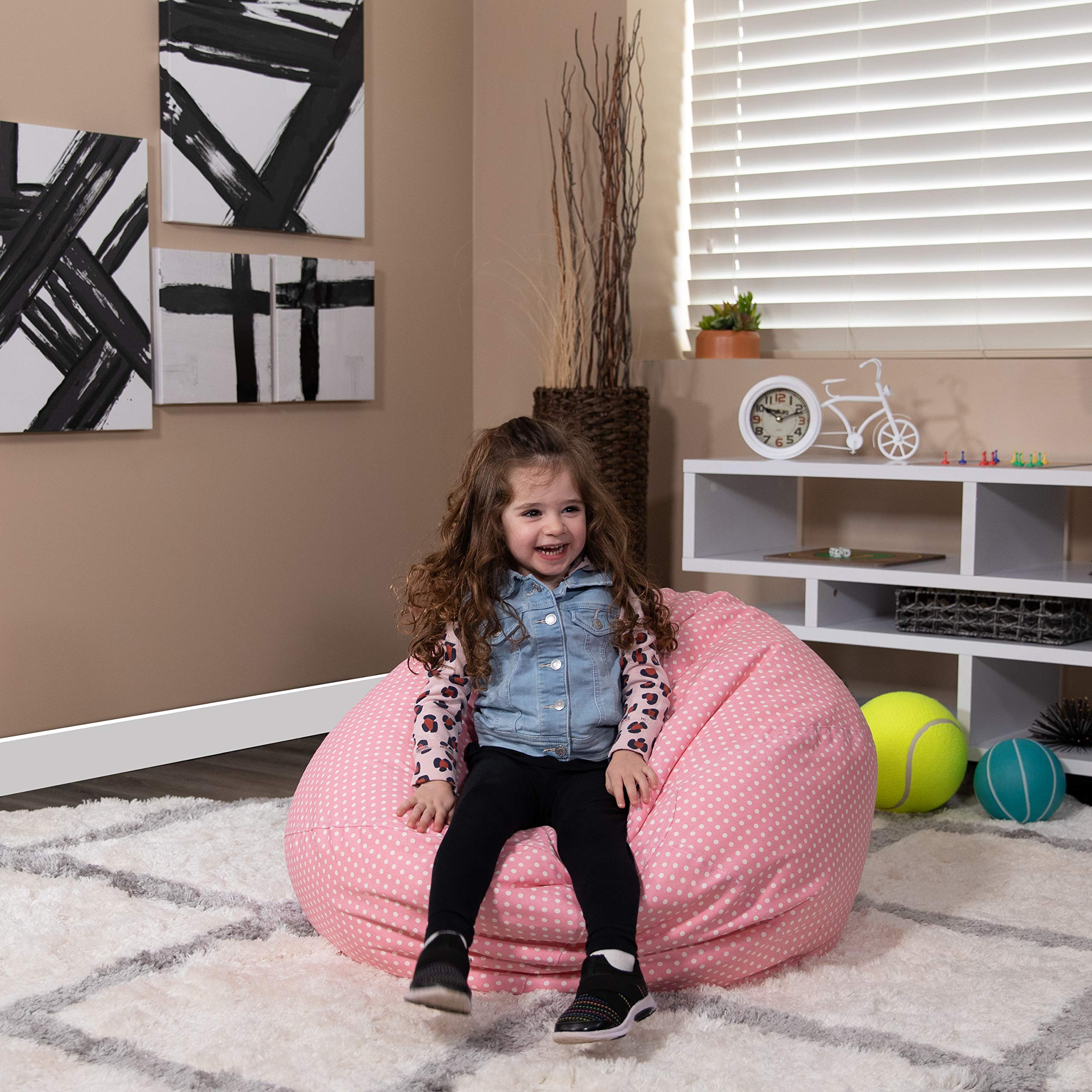 Emma & Oliver Kids Bean Bag Chair - Light Pink Dot Design, Soft & Comfortable for Children & Teens - Perfect for Bedrooms, Playrooms & Lounging