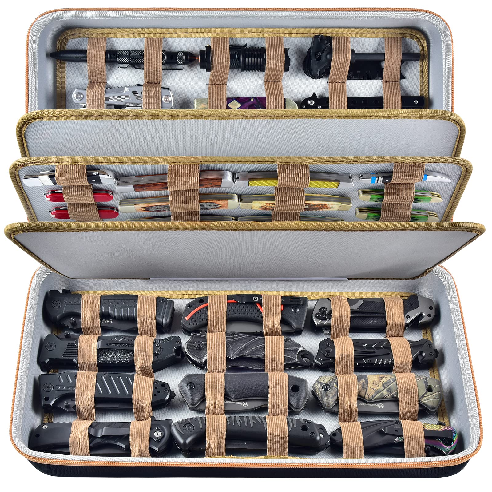 64+ Pocket Knives Display Case - Butterfly & Folding Knives Organizer Box - Tactical Knife Collection Storage for Survival, Outdoor, EDC - Perfect for Home, Office, Camping & Travel (Black)