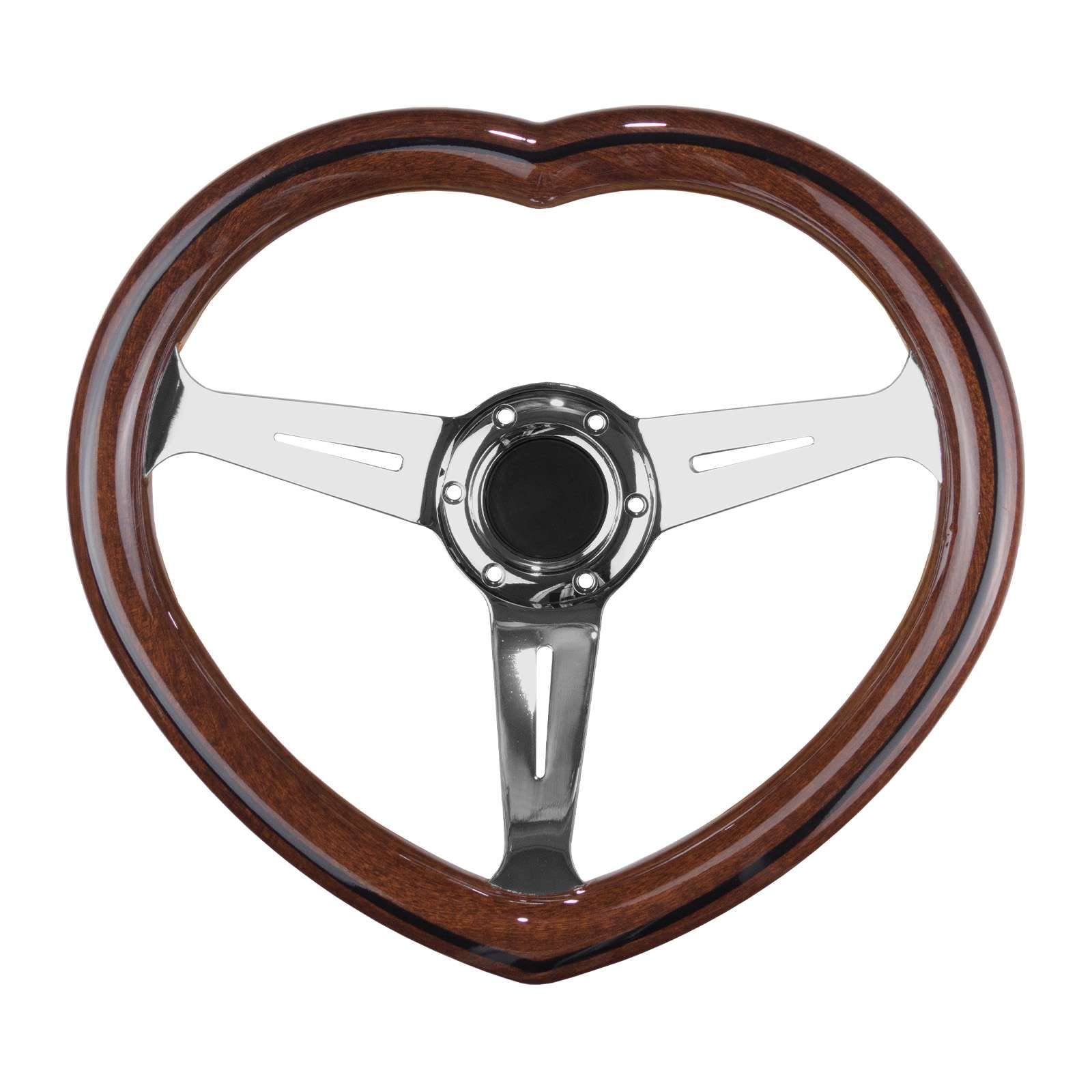 Universal 6-Hole Deep Dish Racing Steering Wheel - Wood Grain Heart Shape Design with Neo Spoke for Easy Replacement | Perfect for Drift, Track, and Street Racing Cars