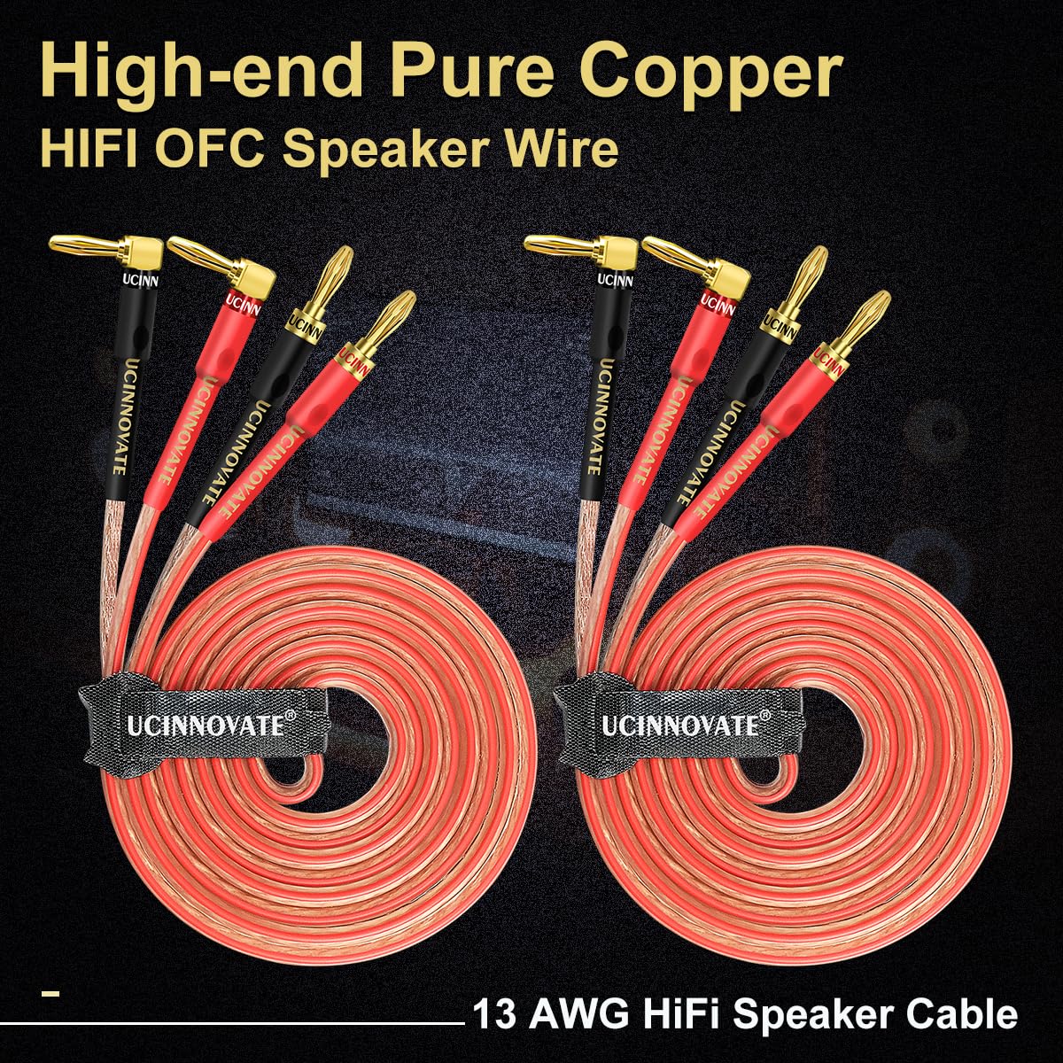 Premium VVFLED HiFi Speaker Cable with Banana Plugs - 2x 3m 13AWG Oxygen-Free Copper Wire, Gold-Plated Right Angle Connectors for Audiophile Sound Systems | Perfect for Home Theater, Stereo Amplifiers & Professional Audio Setups
