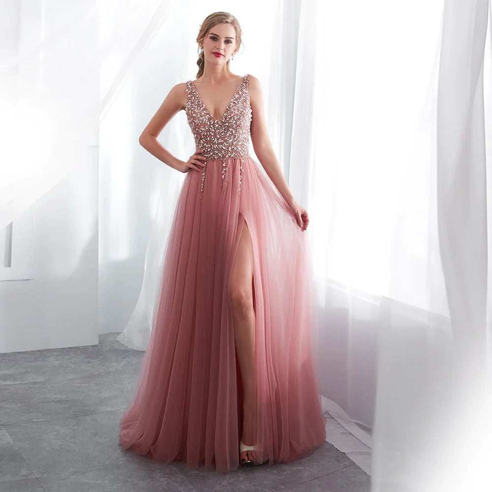 Sexy Pink Beaded Prom Dress with High Slit, Tulle Sweep Train & Lace-Up Backless Design - A-Line Sleeveless Evening Gown for Homecoming, Formal Dances & Special Occasions