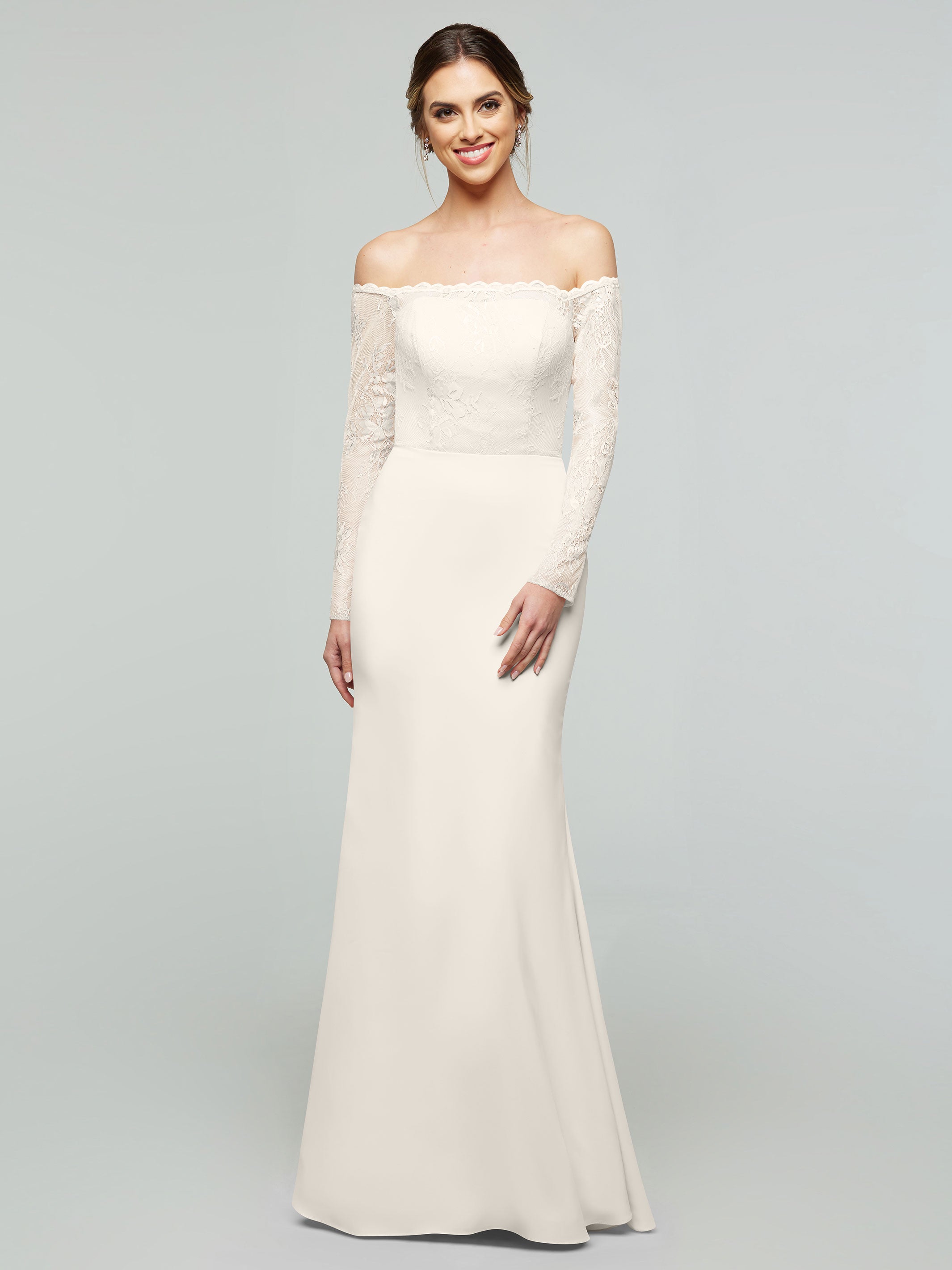 Elegant 80191 Chiffon & Lace Mermaid Bridesmaid Dress with Off-the-Shoulder Long Sleeves - Perfect for Weddings, Formal Events & Evening Parties