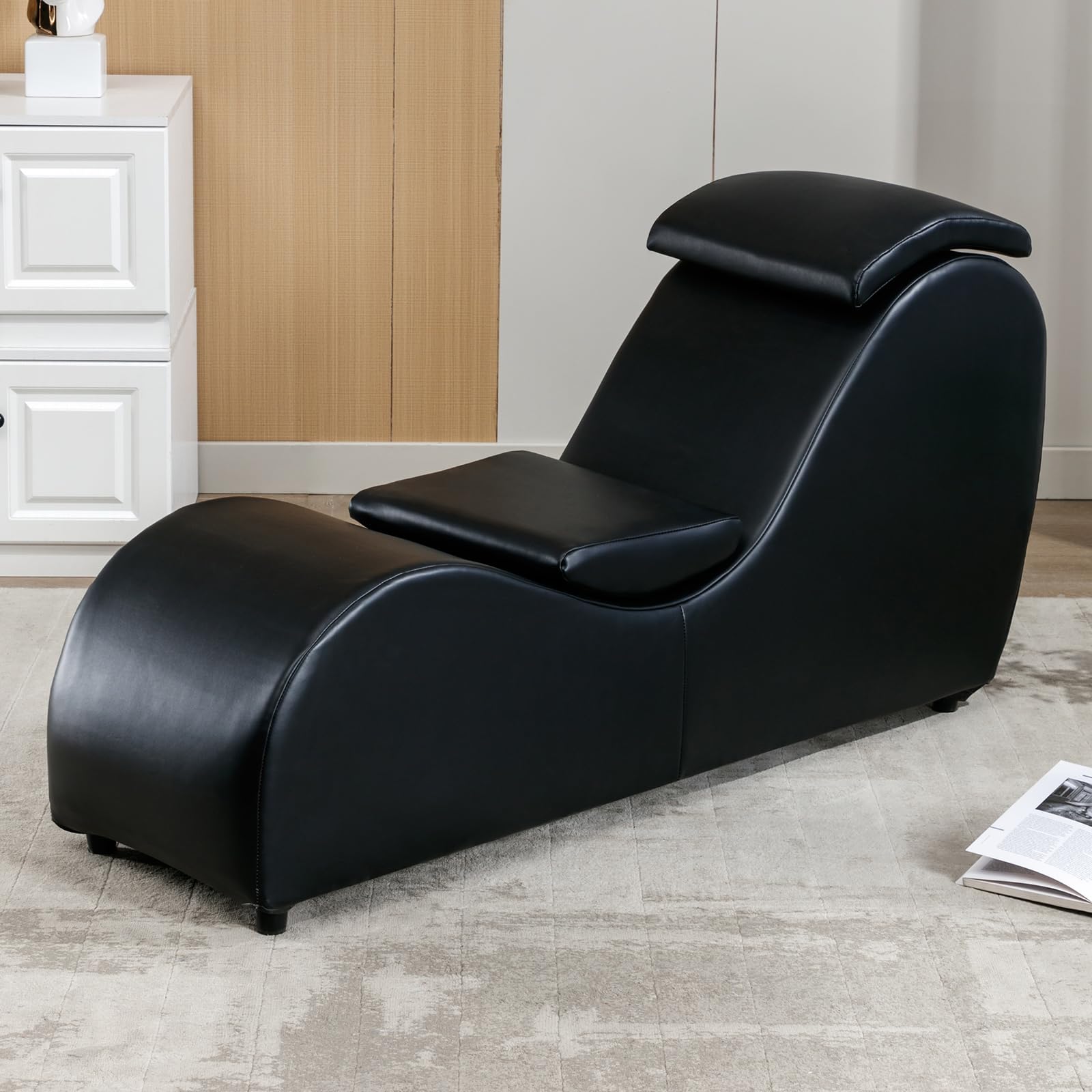 Premium Faux Leather Modern Curved Chaise Lounge Chair - Adjustable Cushion for Yoga, Stretching & Relaxation - Perfect for Bedroom, Living Room & Lounge Areas - Elegant Black Home Decor (Great for Meditation, Reading & Small Space Living)