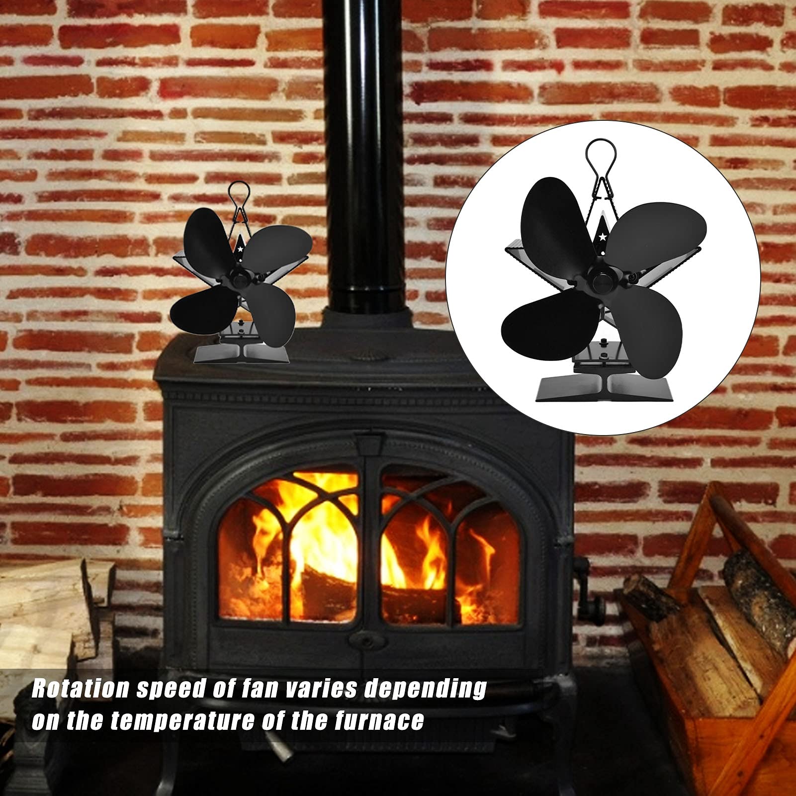 Black 4-Blade Wooden Fireplace Fan with Zinc Alloy Heat-Resistant Design - Indoor Living Room Home Decor for Cozy Winter Nights