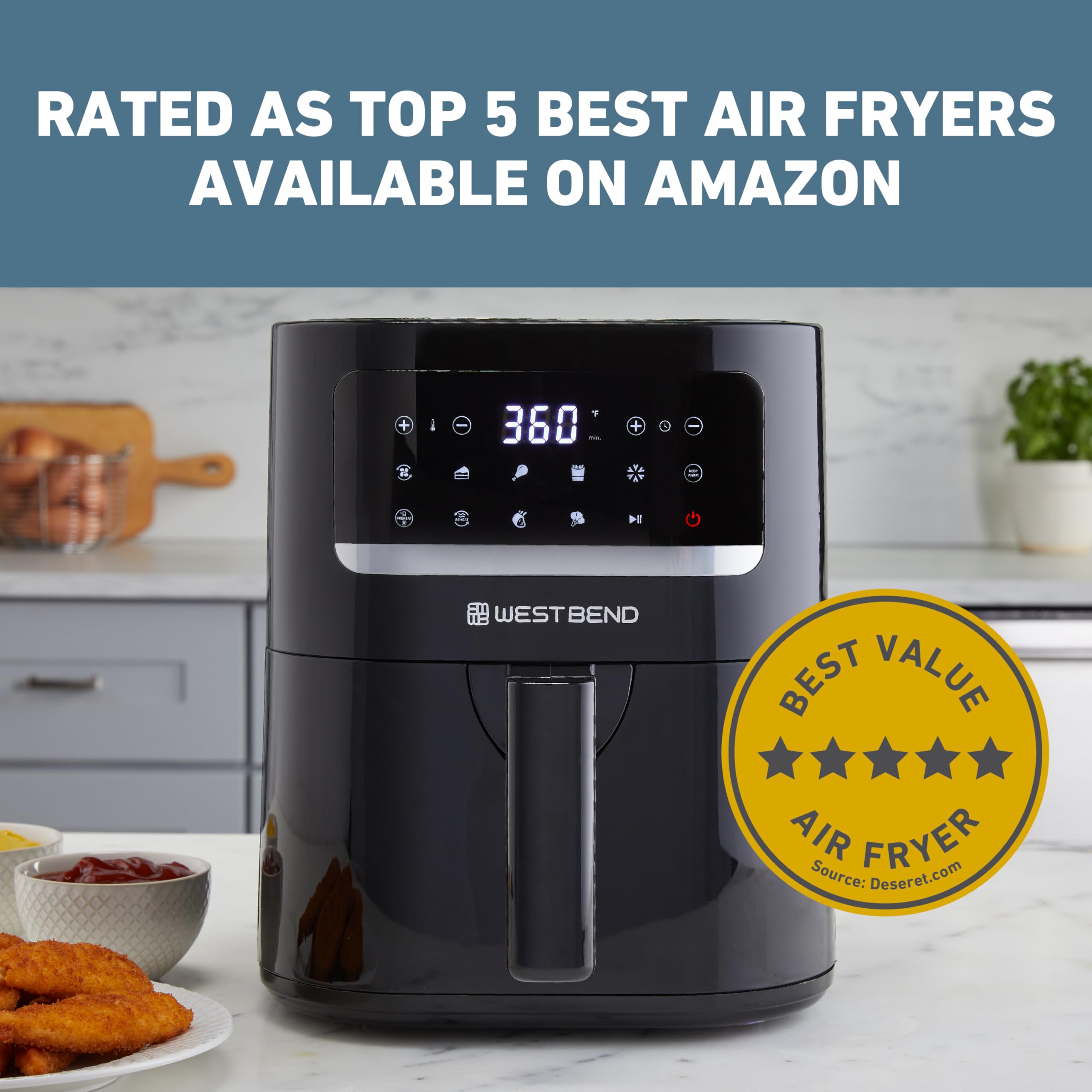 West Bend 5-Quart Digital Air Fryer with 10 Presets - 1500W Nonstick Basket for Healthy Frying, Baking & Roasting - Perfect for Family Meals, Snacks & Meal Prep - Black
