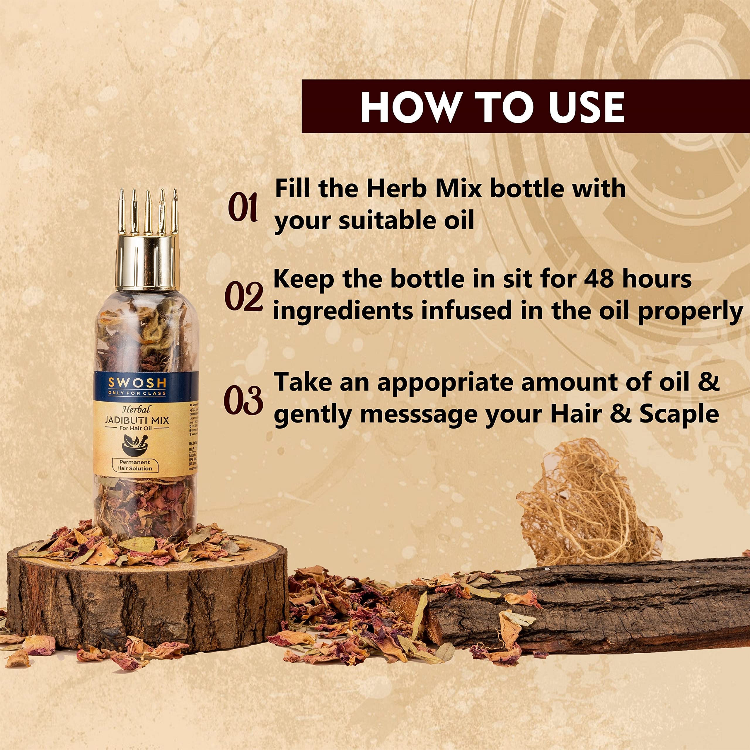 SWOSH Ayurvedic Herbal Hair Oil - 10g Dry Jadibuti Mixture with Vetiver Roots, Jasud, Rose Petals, Kesudo & Senna Leaves | Includes Hair Oil Applicator Bottle | Promotes Hair Growth & Scalp Health | Perfect for Dry, Damaged Hair & Daily Hair Care Routine