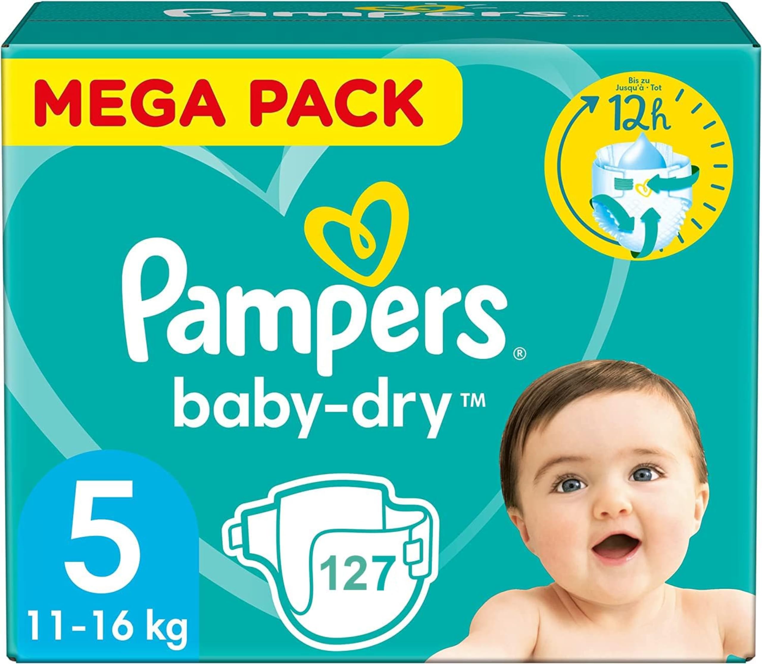 Pampers Baby-Dry Size 5 Diapers (11-16 kg) - 127 Count Mega Pack | Up to 12 Hours Protection with Double Leak Barrier | Ideal for Overnight Use and Active Toddlers