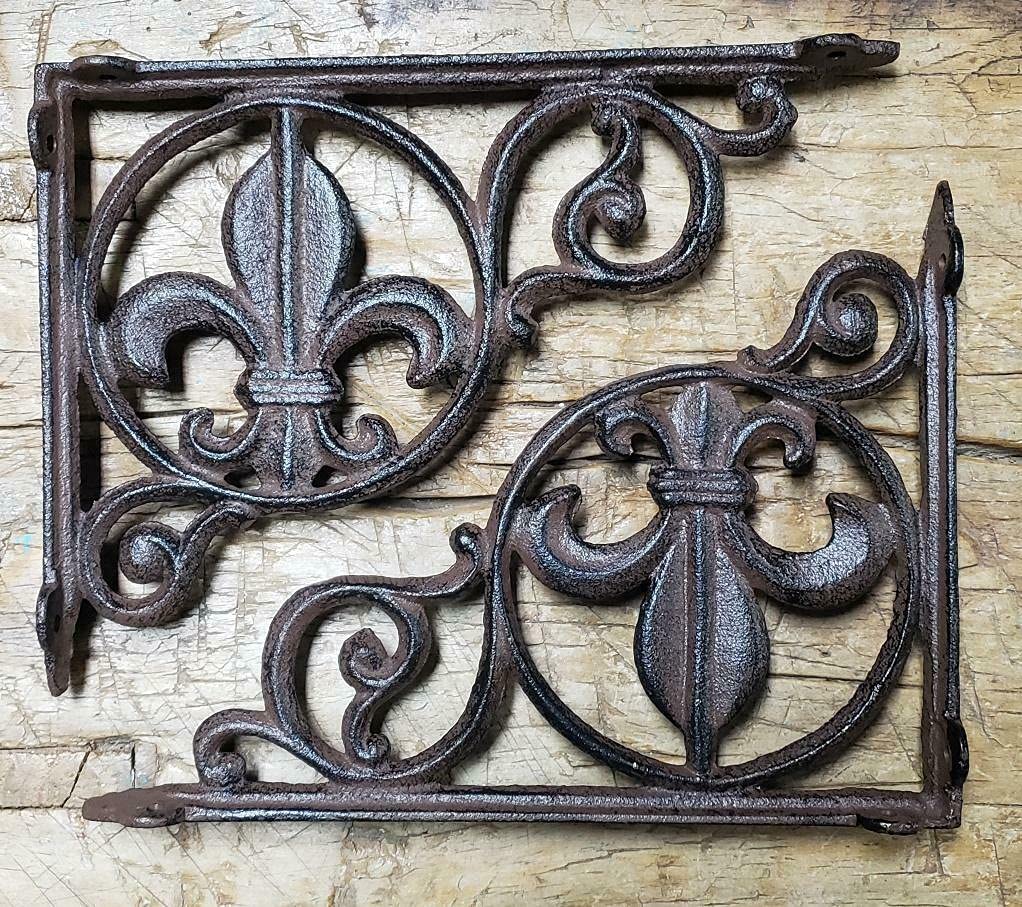Antique Style Cast Iron Fleur De Lis Shelf Brackets - PIÑATAS OLE Home-Dec 14 Garden Braces for Shelves, Wall Decor & Outdoor Use - Perfect for Rustic Home, Patio & Garden Decoration (Model: cvb-z-988)