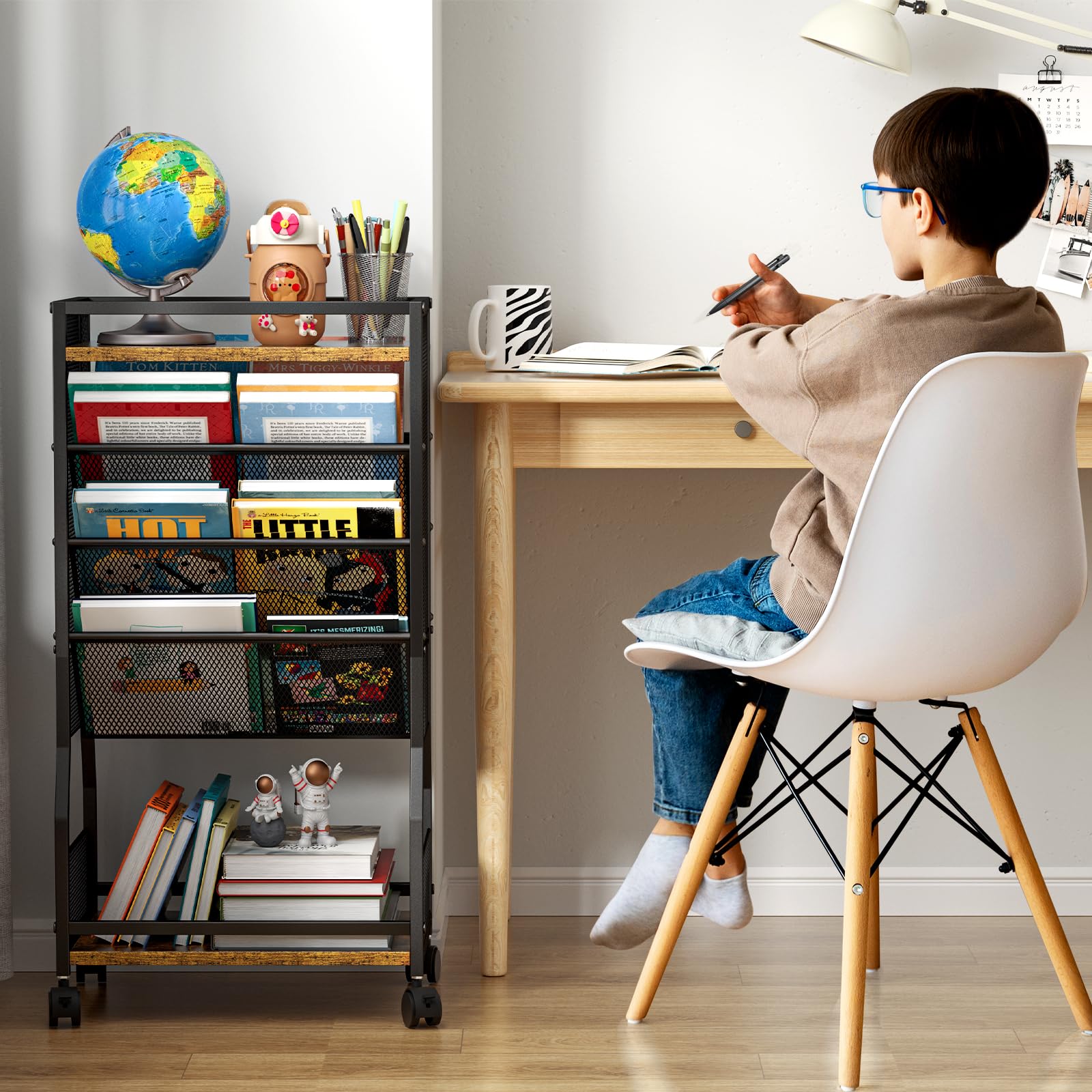 8 Tier Rolling Book Cart with Wheels - Mobile Book Storage Organizer with 2-Sided Access for Home, Office, Classroom & Library - Compact Bookcase for Narrow Spaces - Perfect for Organizing Books, Files & Supplies in Small Rooms