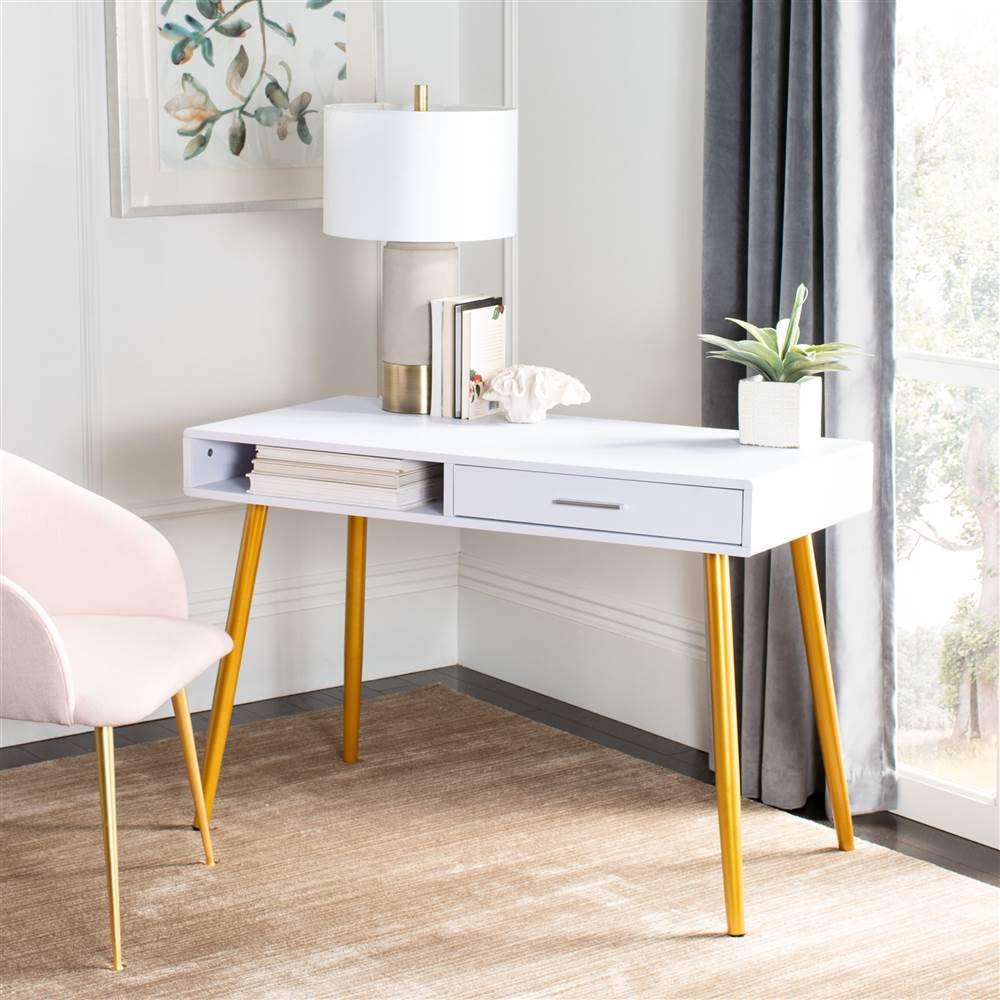 Safavieh Jorja Modern White and Gold 1-Drawer Home Office Desk - Stylish Writing Desk for Small Spaces, Bedroom, or Study Room