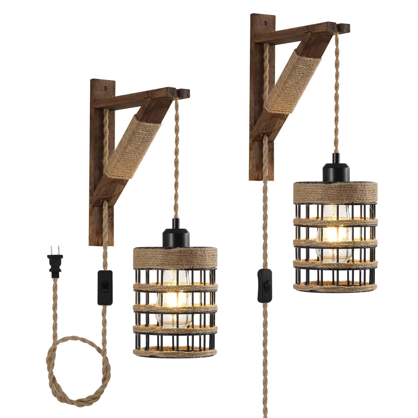 Vintage Plug-in Farmhouse Wall Sconce - Rustic Metal Cage Hanging Lamp with Wooden Bracket - Bedroom, Living Room, Headboard Lighting - Indoor Wall Decor for Cozy Home Ambiance (2 Pack)