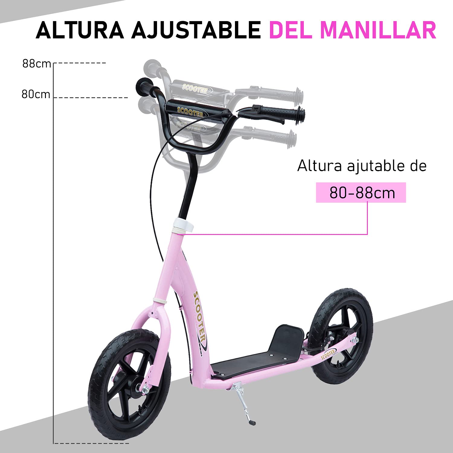 HOMCOM Kids Scooter for Ages 5-12 Years - 12 Inch Big Wheels, Adjustable Handlebar & Rear Brake, Max Load 50kg (120x52x80-88cm) - Pink - Perfect for Outdoor Play, Park Rides & Commuting to School
