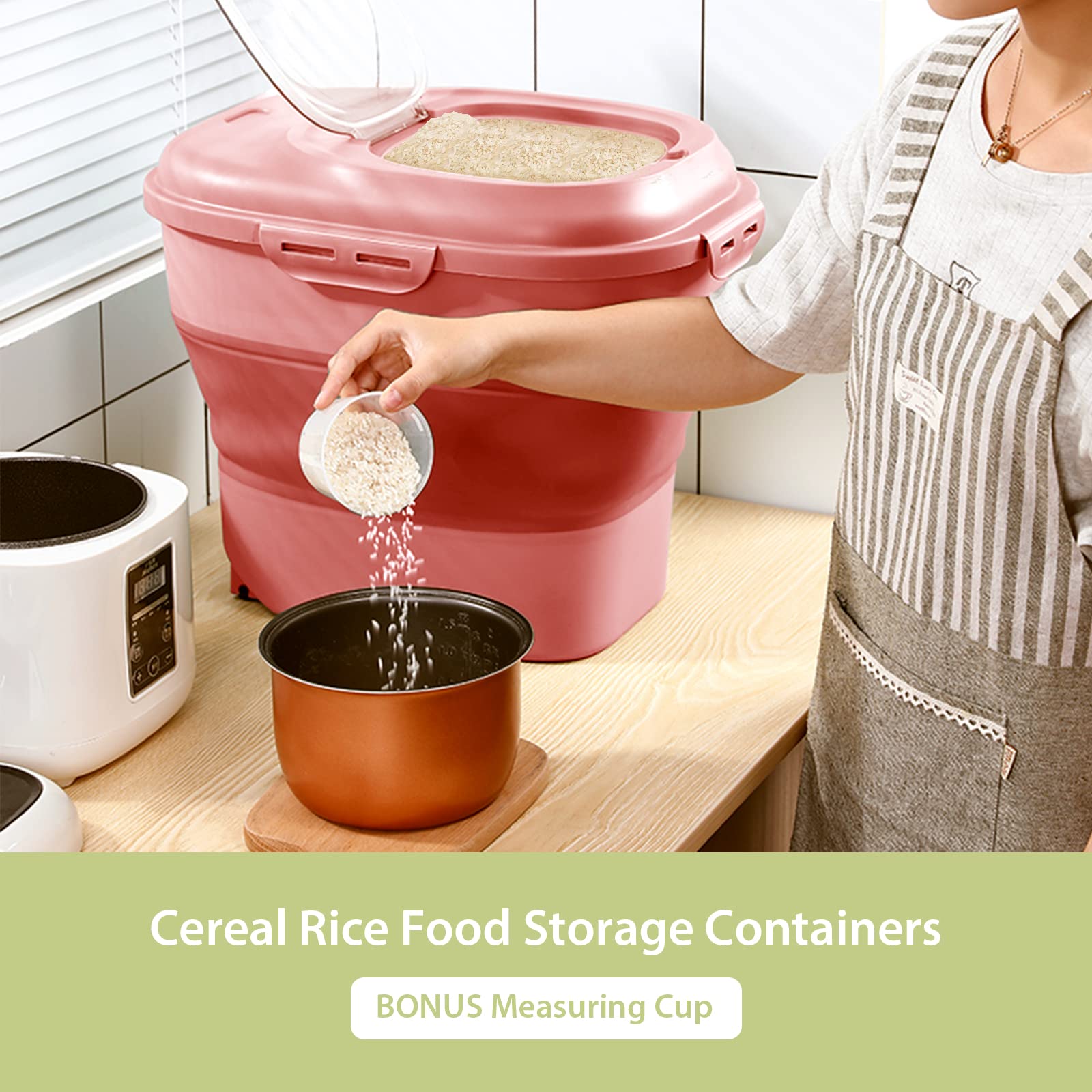 Foldable Airtight Rice Storage Container with Measuring Cup & Wheels - 10L BPA-Free Food Storage for Flour, Sugar, Dry Goods | Kitchen Pantry Organization & Bulk Food Storage (Pink)