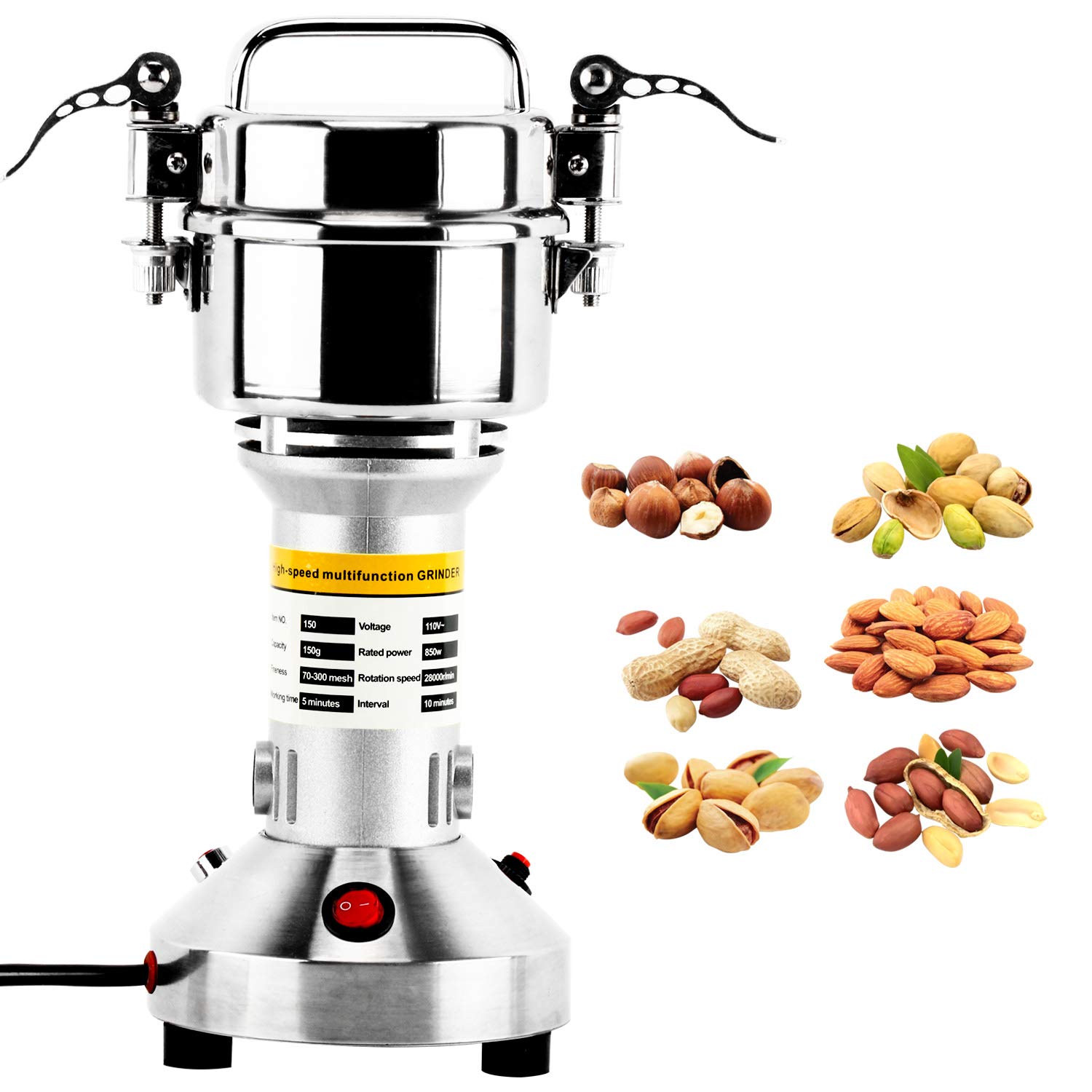 **150g Commercial Electric Grain Mill Grinder - 850W High-Speed Stainless Steel Powder Machine for Spices, Herbs, Pepper & Coffee (70-300 Mesh, 28000 RPM) - Perfect for Home Kitchens, Bakeries & Coffee Shops**