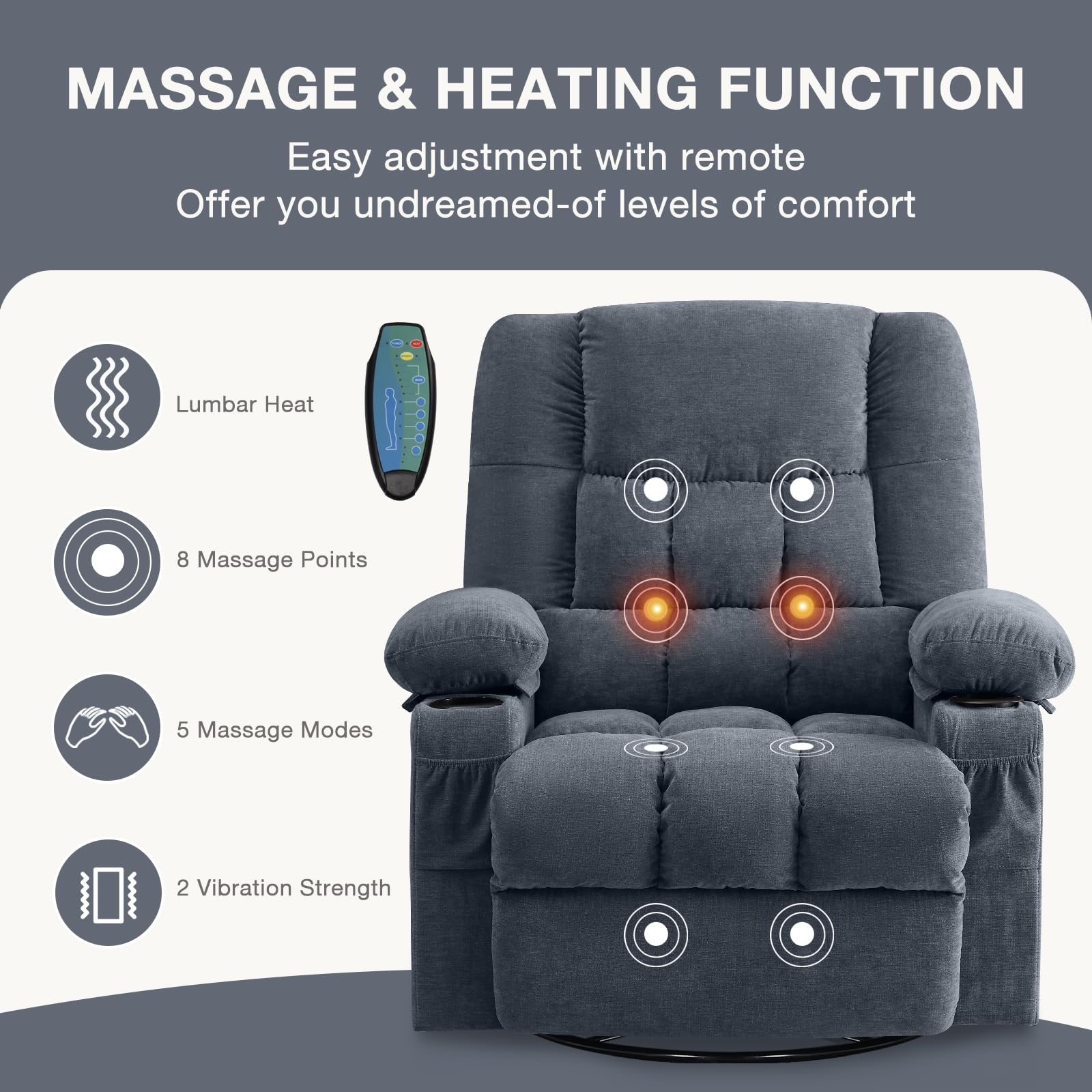 Ergonomic Massage Recliner Chair with Vibration & Heat - Swivel Rocking Lounge Chair with USB Charging Port, Cup Holders & Side Pocket for Living Room | Perfect for Relaxation, Home Theater & Pain Relief