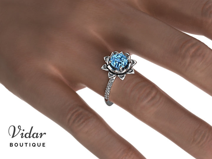 Exquisite Floral Blue Topaz Engagement Ring with Leaf Accents - Perfect for Proposals, Anniversaries & Romantic Occasions