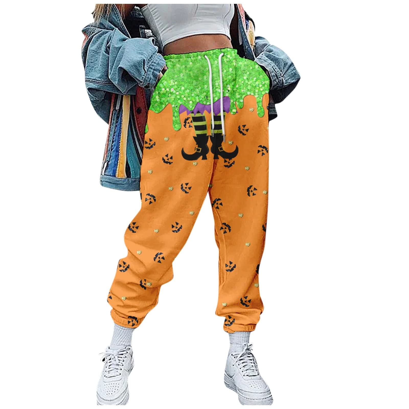 XSSFCC Women's Halloween Sweatpants - High Waist Casual Lounge Pants with Graphic Print & Color Block Design - Loose Fit Joggers for Women - Perfect for Halloween Costumes, Cosplay, and Casual Wear