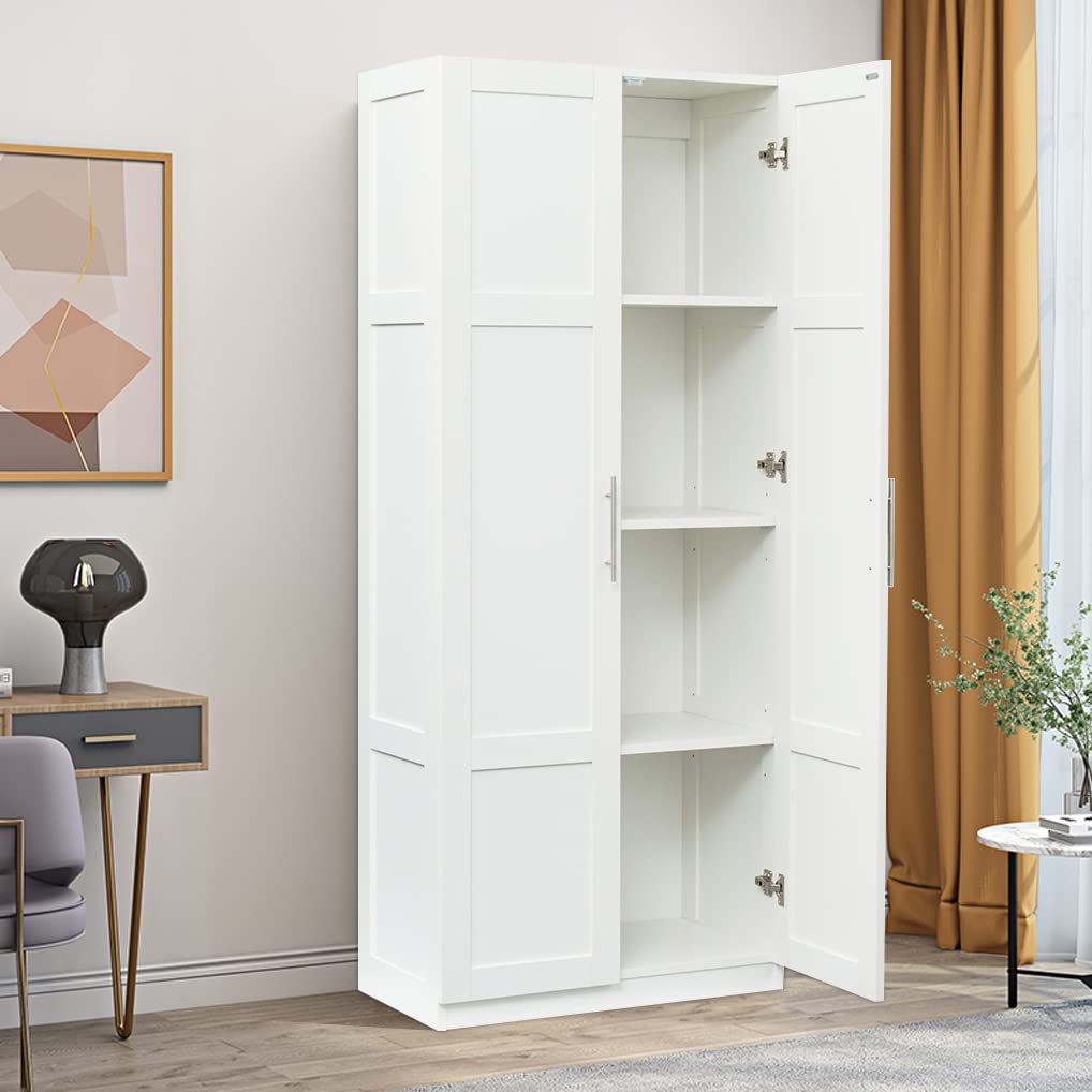 White Wooden Wardrobe Closet with 2 Doors & 3 Partitions - 4 Storage Spaces for Bedroom, Cloakroom & Home Organization - Tall Storage Cabinet for Clothes, Shoes & Accessories