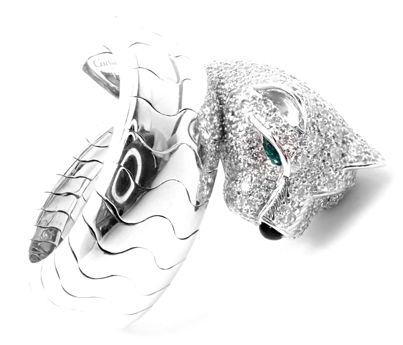 Authentic Cartier Panther 18K White Gold Diamond & Emerald Onyx Ring with Certificate - Luxury Jewelry for Women, Perfect for Weddings, Anniversaries & Special Occasions