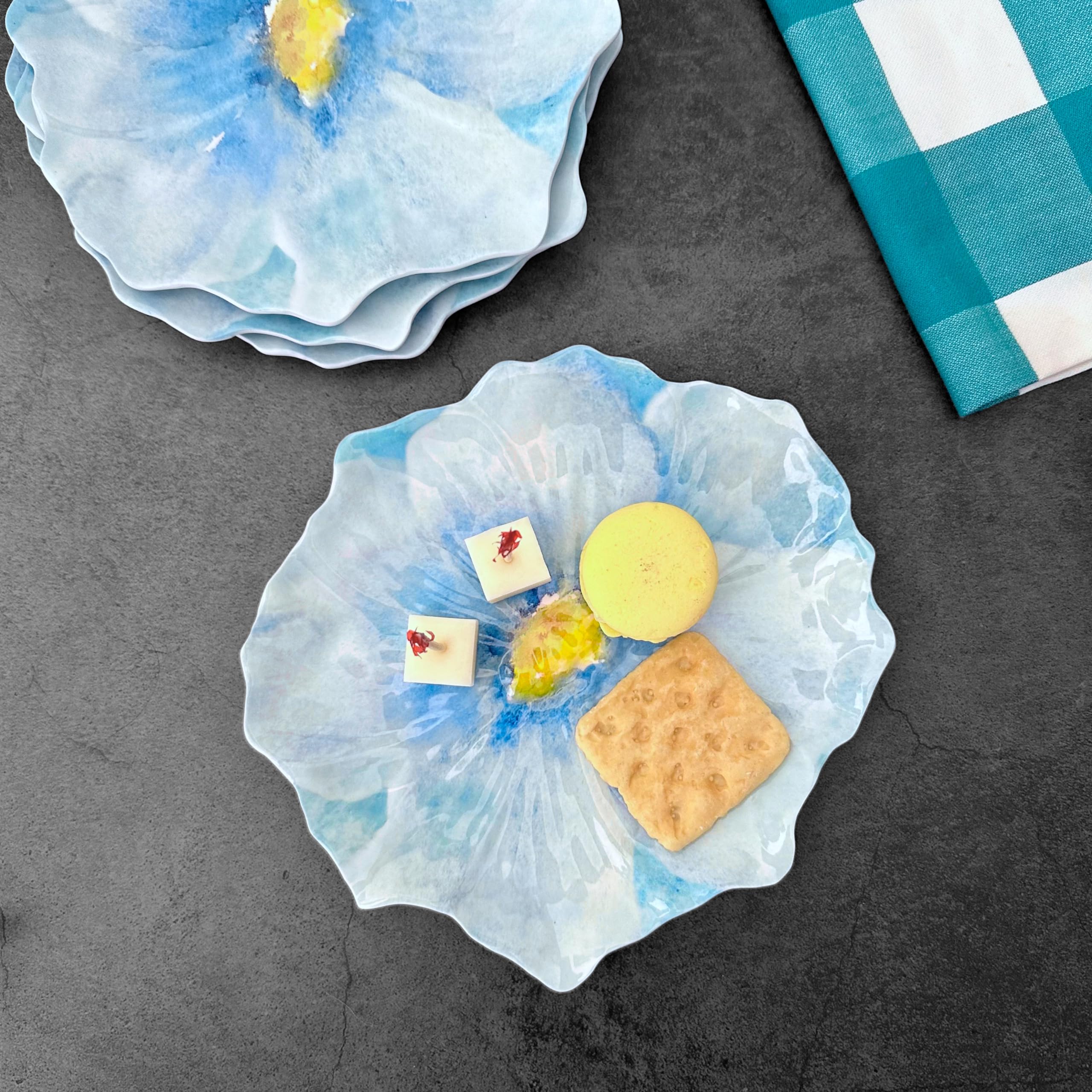 UPware Sky Blue Floral Melamine Dessert Plates - Floral-Shaped Small Serving Plates for Appetizers, Snacks, Side Dishes - 7.5 x 7 Inch Set of 4 - Perfect for Parties, Picnics, and Tea Time