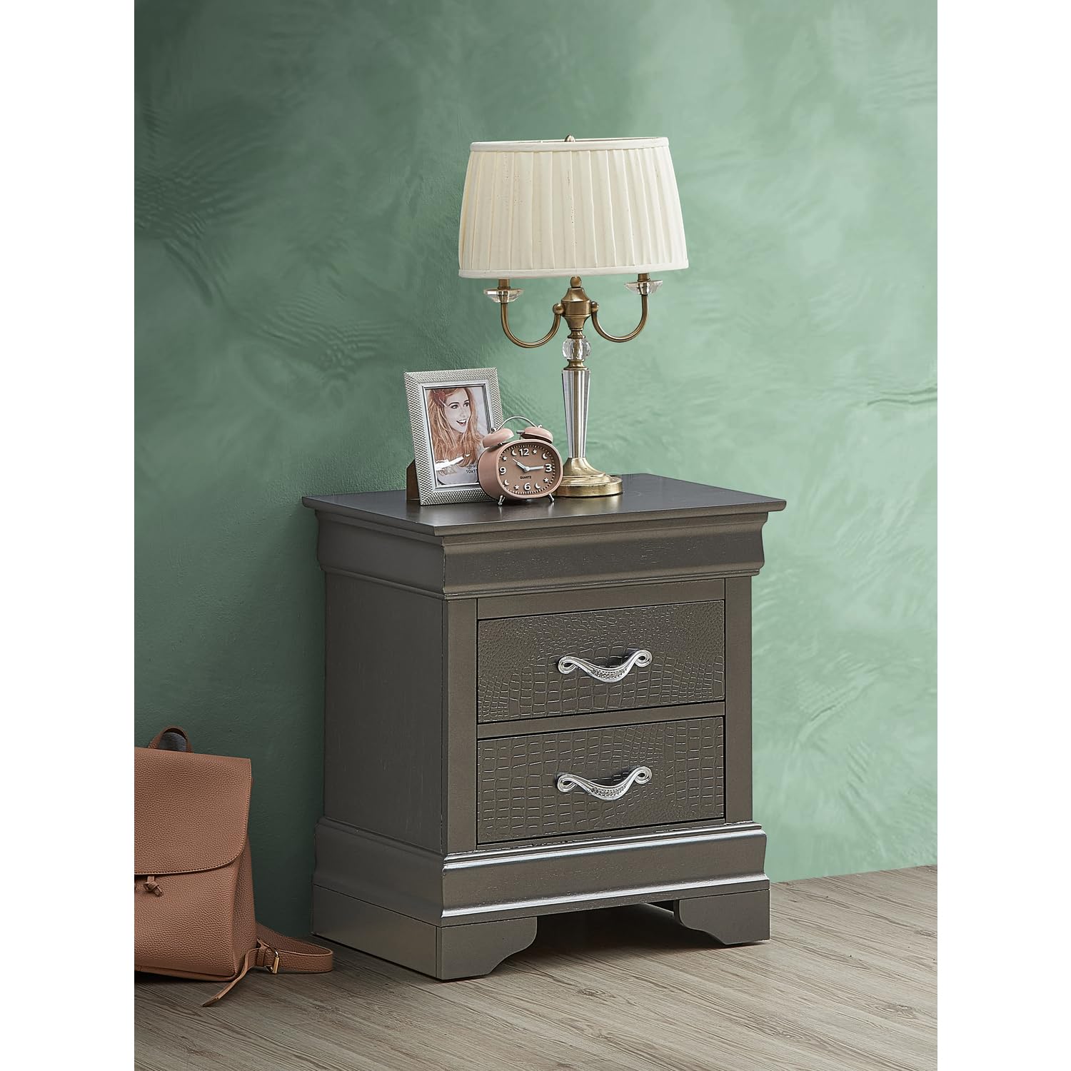 Glory Furniture Lorana 2-Drawer Wooden Nightstand - Charcoal Finish Bedside Table for Bedroom, Living Room & Office Storage