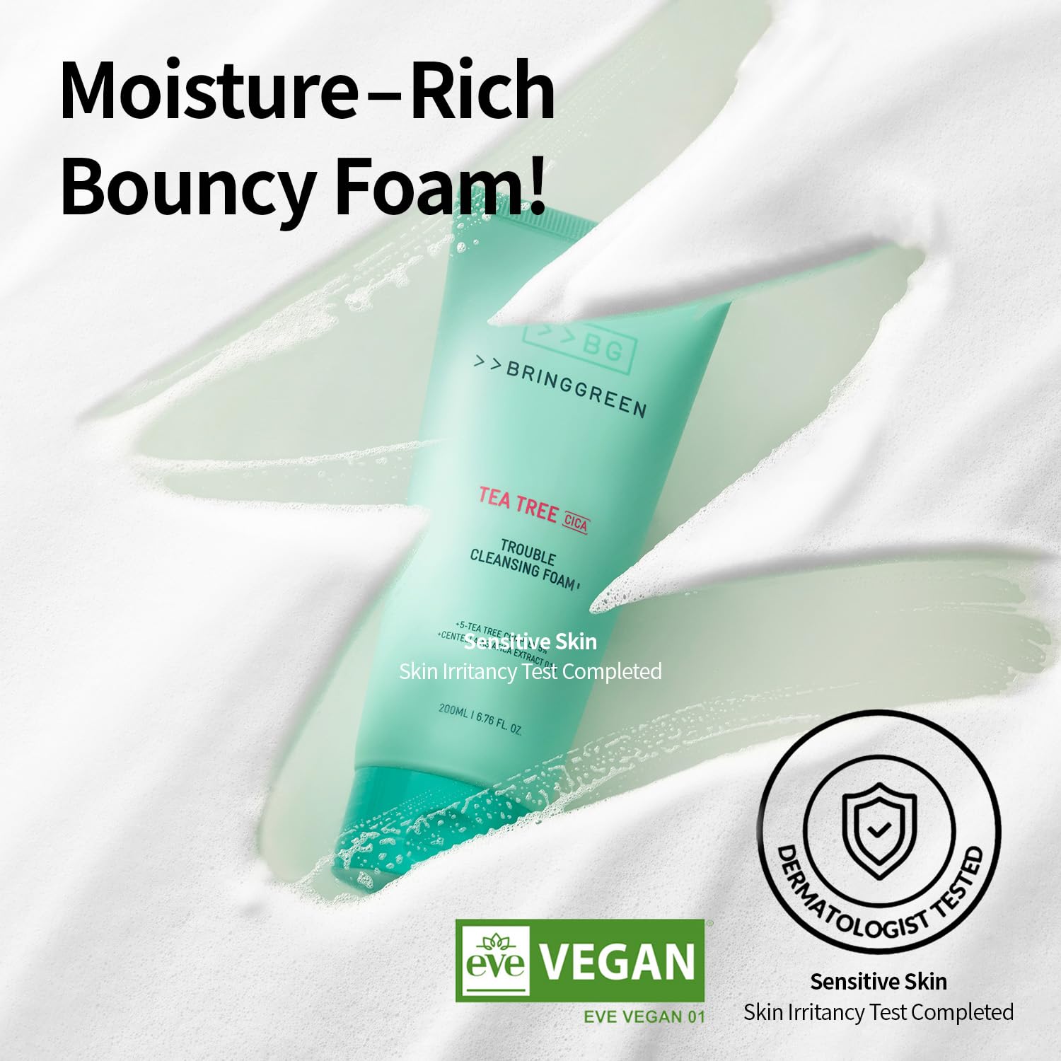 BRING GREEN Tea Tree Cica Trouble Cleansing Foam - Gentle Exfoliating Face Wash for Blackheads & Whiteheads | Soothing Sensitive Skin Cleanser | 10.1 Fl Oz (300ml) | Perfect for Acne-Prone & Irritated Skin | Morning & Night Skincare Routine