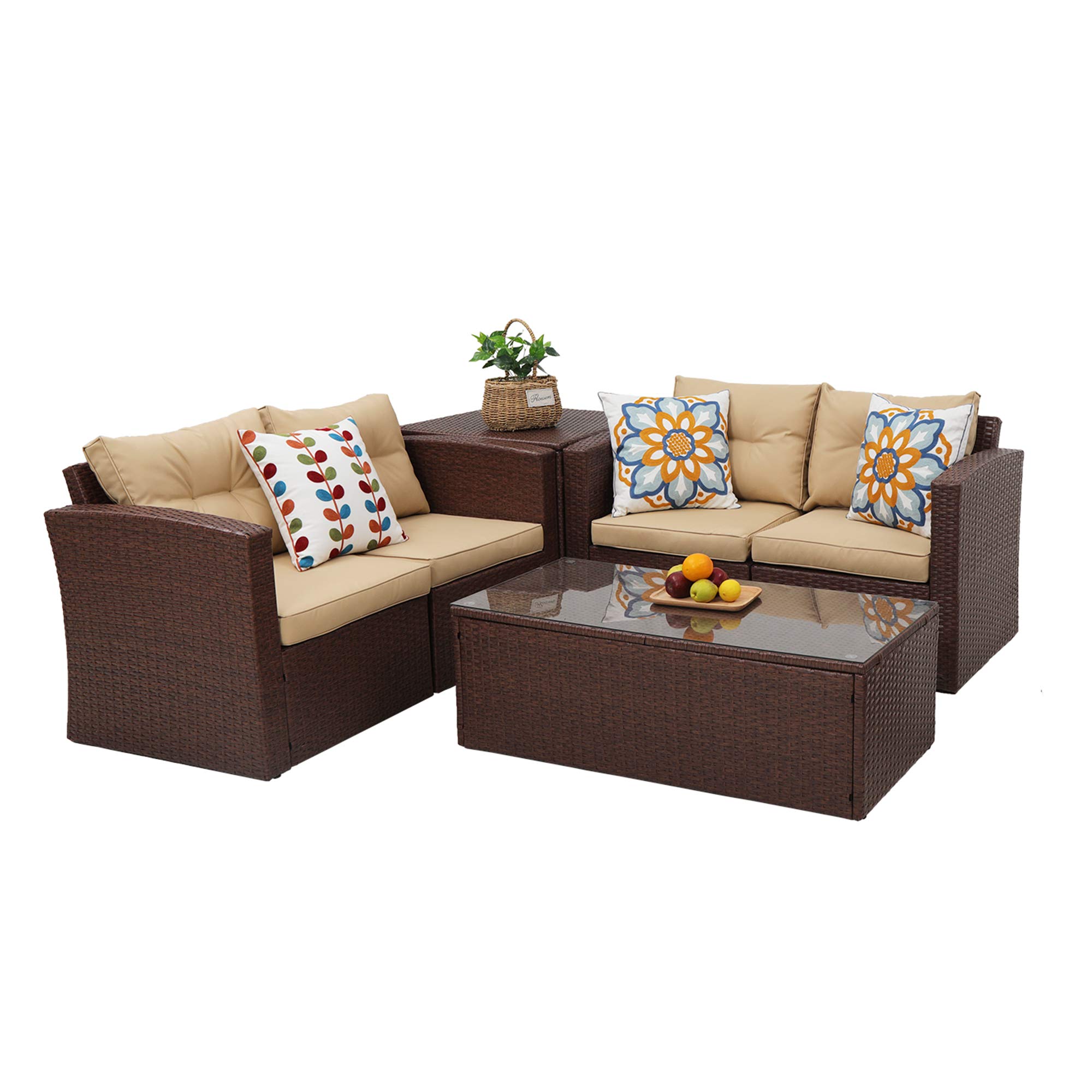 6-Piece Outdoor Patio Furniture Set - Brown Wicker Rattan Sectional Sofa with Glass Coffee Table & Storage Box, Perfect for Garden, Backyard, and Poolside Relaxation