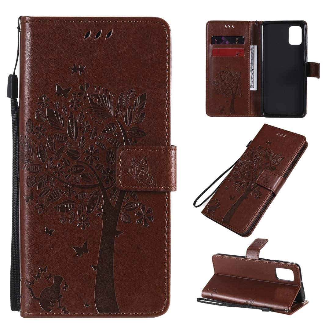 Eco-Friendly Samsung Galaxy A31 Flip Leather Case with Tree & Cat Embossed Design - Card Holder, Wallet & Lanyard (Coffee) - Perfect for Daily Commute, Travel & Outdoor Activities