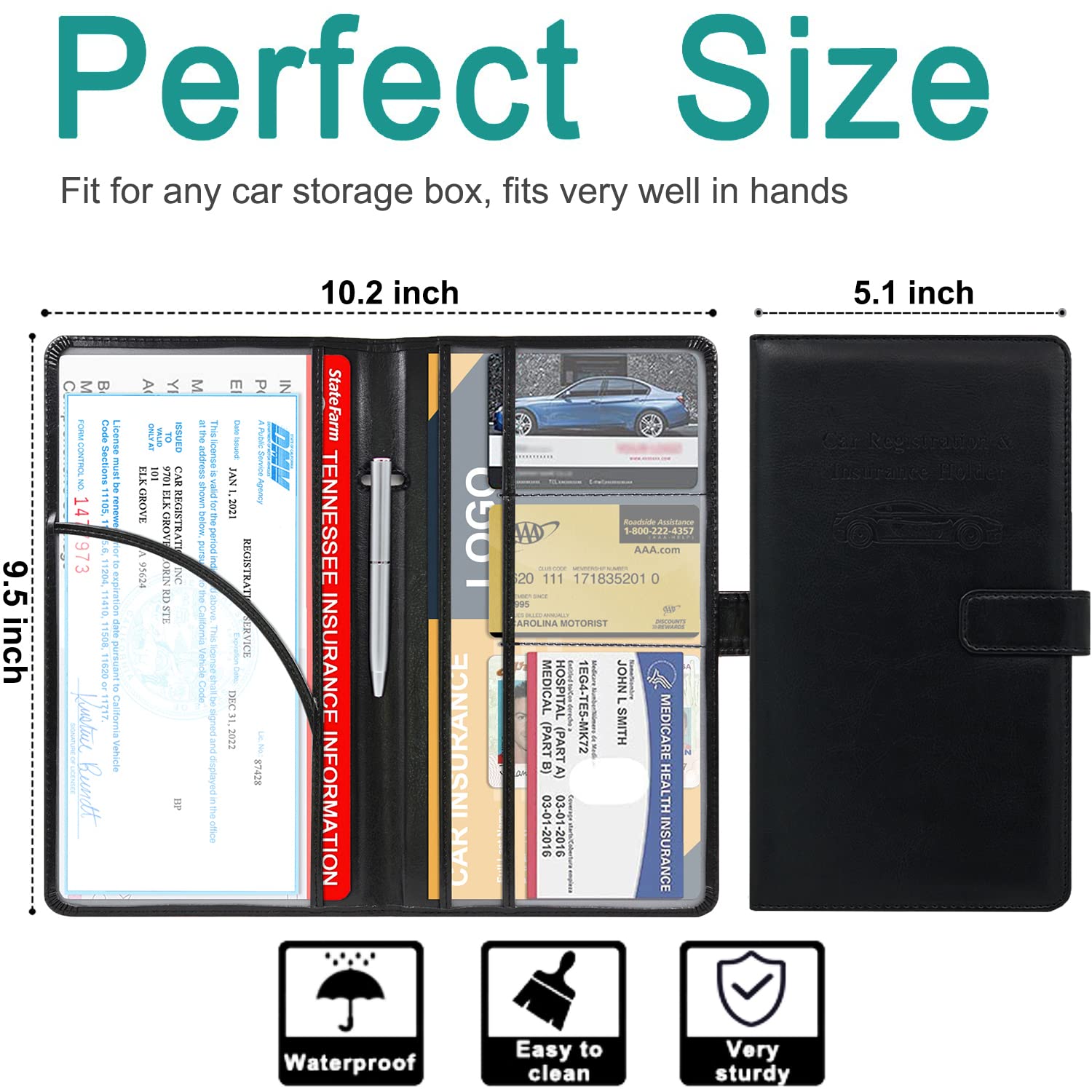 RSAquar Leather Car Registration & Insurance Holder - Waterproof Glove Box Organizer for ID Cards, Driver's License & Documents - Universal Car Accessories for Men & Women (Black) - Perfect for Road Trips & Daily Commuting