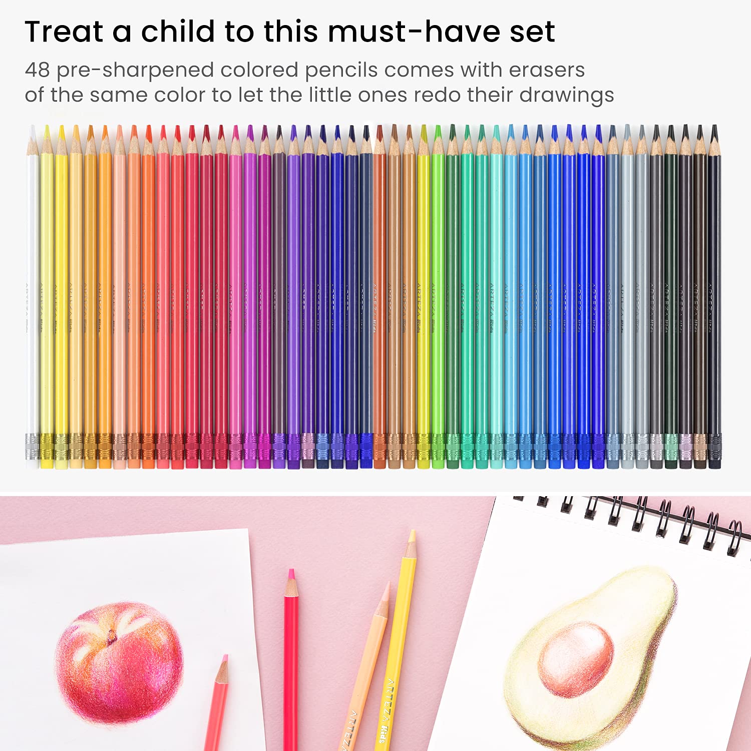 Arteza 48-Count Kids Erasable Colored Pencils - Triangular Art Supplies for School & Home Drawing