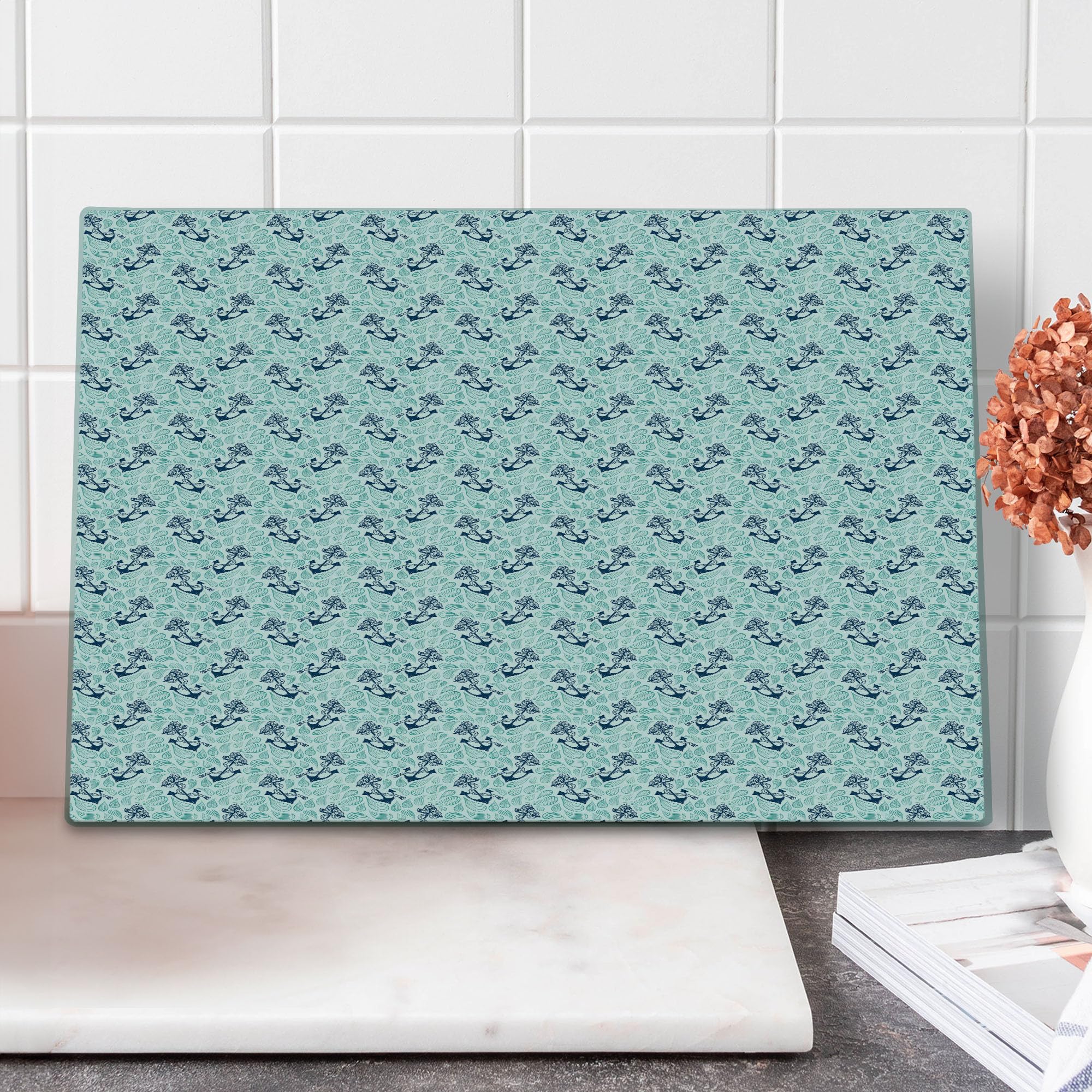 Ambesonne Anchor Tempered Glass Cutting Board - Large Size, Abstract Water Droplets & Vintage Marine Design in Mint Green & Dark Blue - Perfect for Serving Charcuterie, Cheese, or as a Decorative Kitchen Accent
