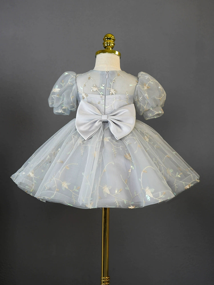 Grey Princess Round Tea Length Tulle Flower Girl Dress for Weddings & Special Occasions