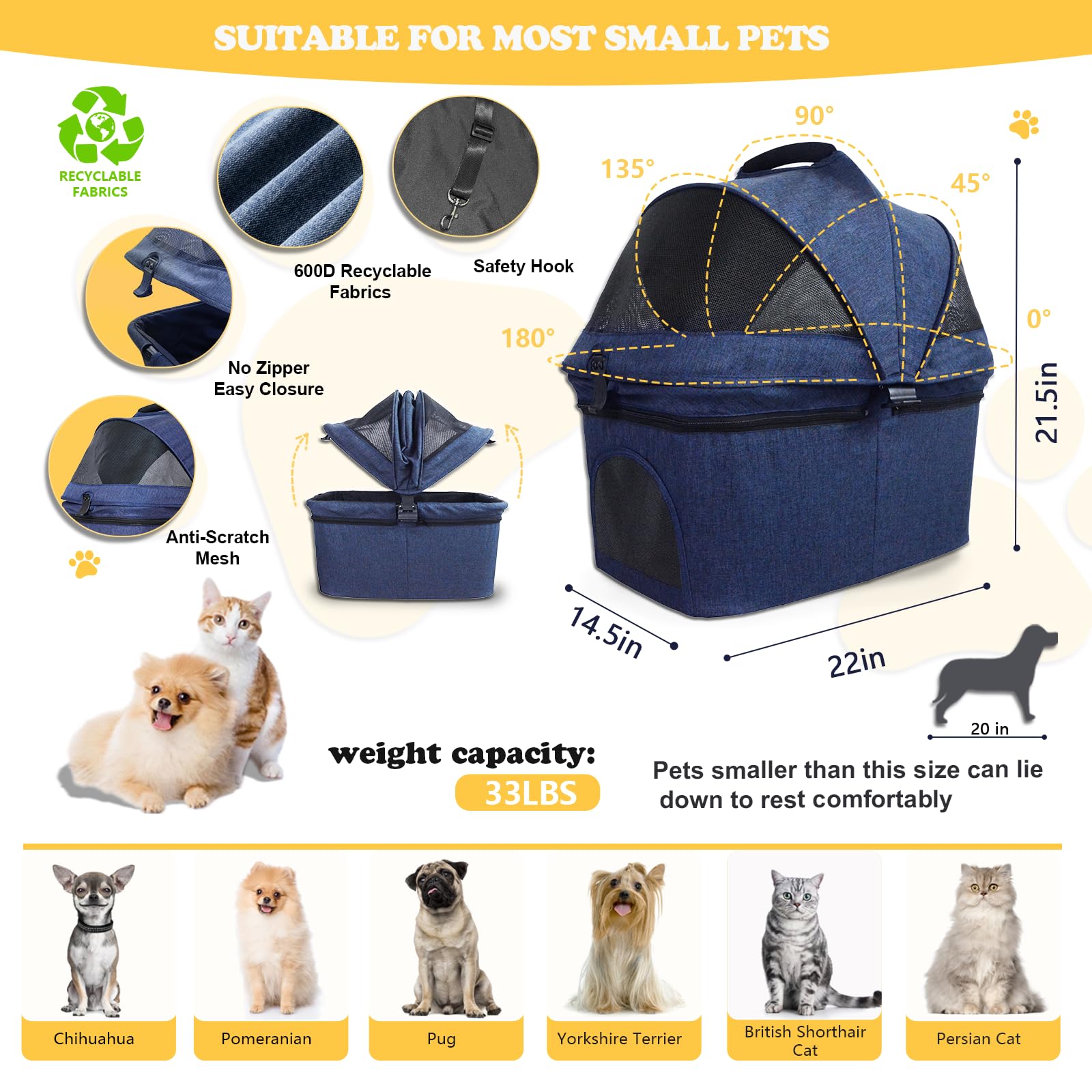 3 in 1 Dog Stroller - Lightweight Foldable Pet Carrier with 4 Wheels, Removable Travel Basket, No-Zip Canopy & Cup Holder - Perfect for Small/Medium Dogs & Cats - Ideal for Park Walks, Vet Visits & Shopping Trips - Blue