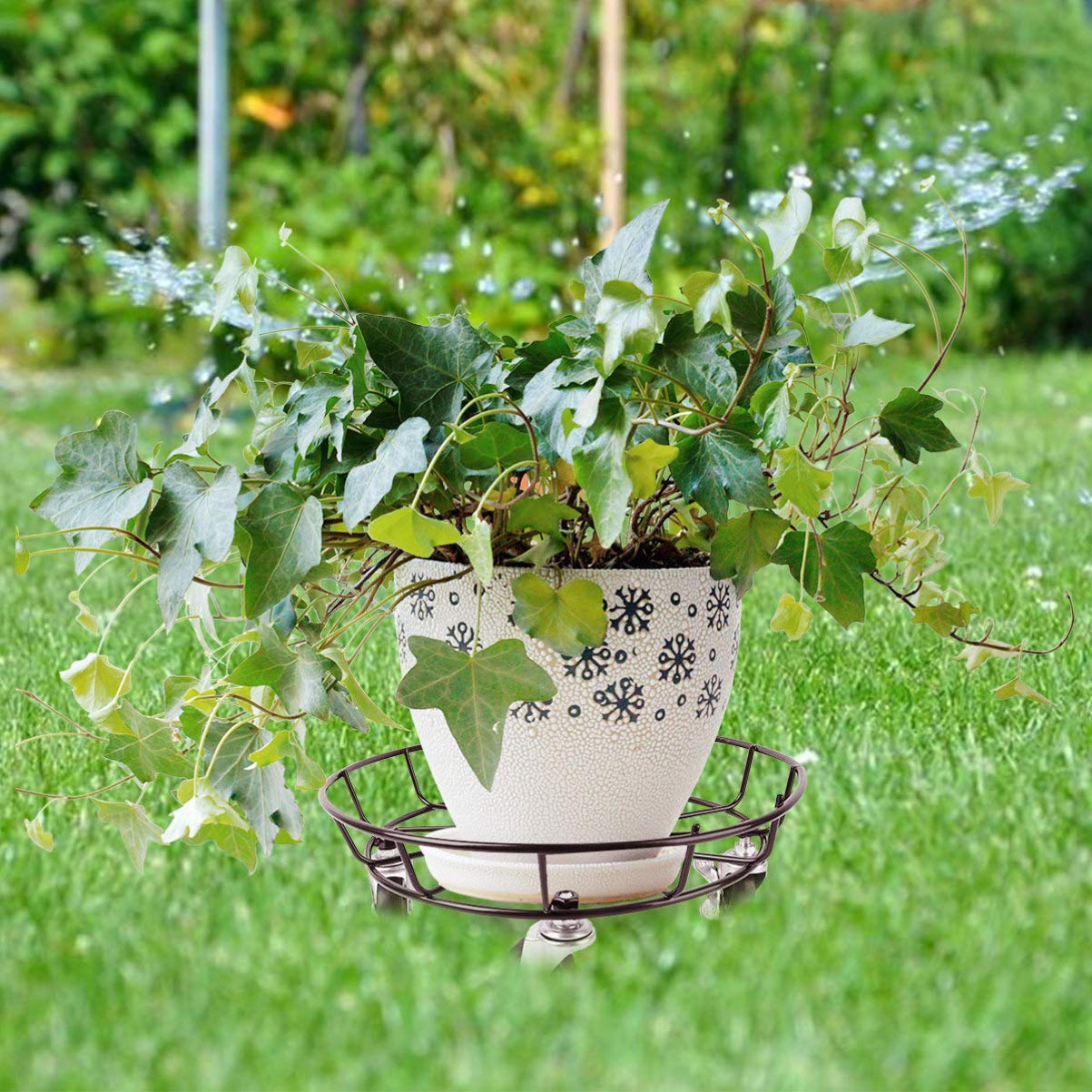 Iron Flower Pot Stand with Wheels - Heavy Duty Plant Holder & Mover for Indoor/Outdoor Potted Plants - Perfect for Decorative Plant Coasters, Garden Decor & Easy Mobility